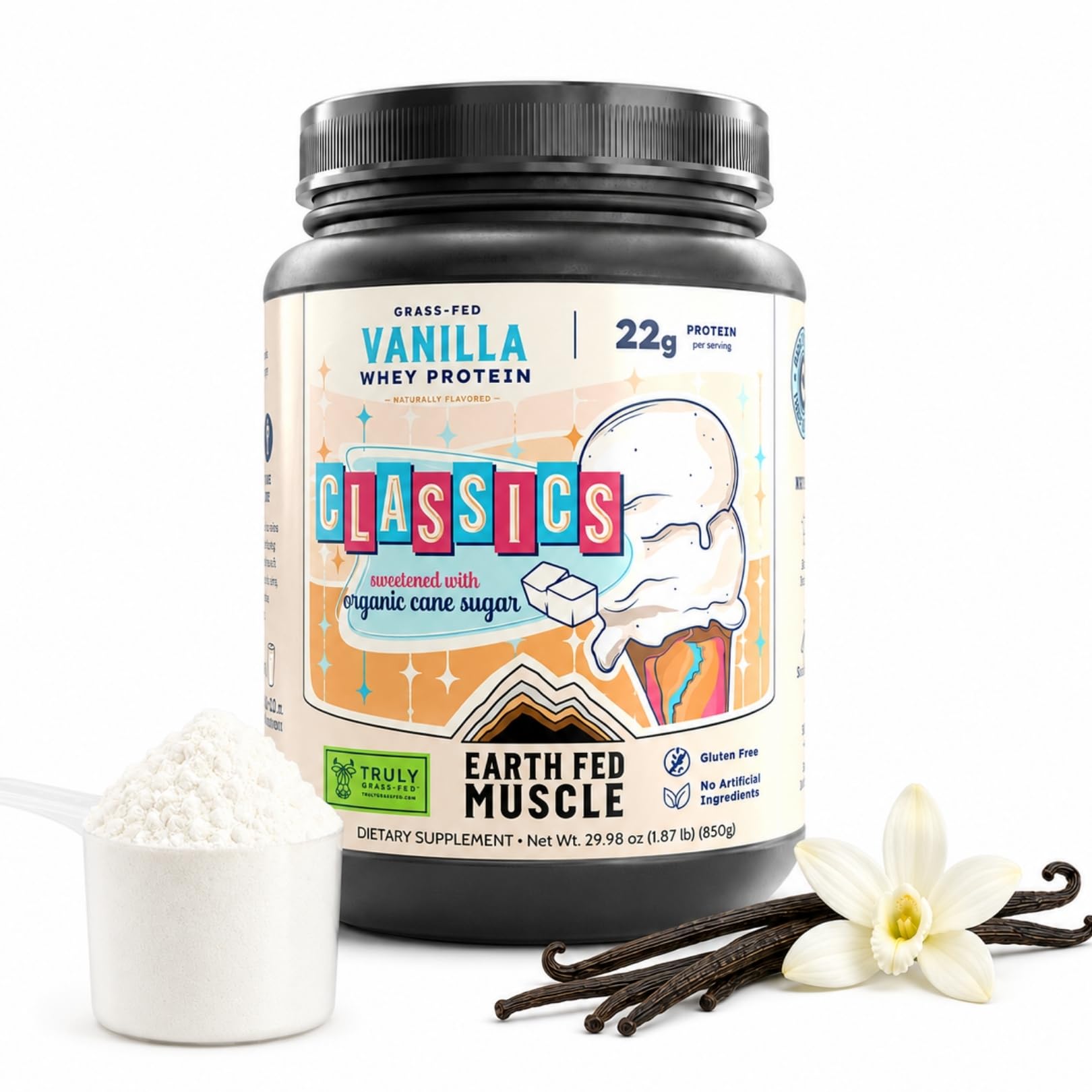 Earth Fed Muscle Classics Vanilla Grass-Fed Whey Protein with Real Organic Sugar Powder 30 Servings