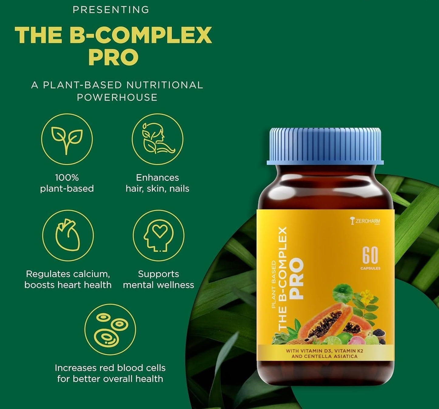 Generic Vitamin B Complex with Vitamin D3, Vitamin K2 & Centella Asiatica with B1, B2, B3, B5, B6, B9 & Vitamin B12 Capsules, 60 Count