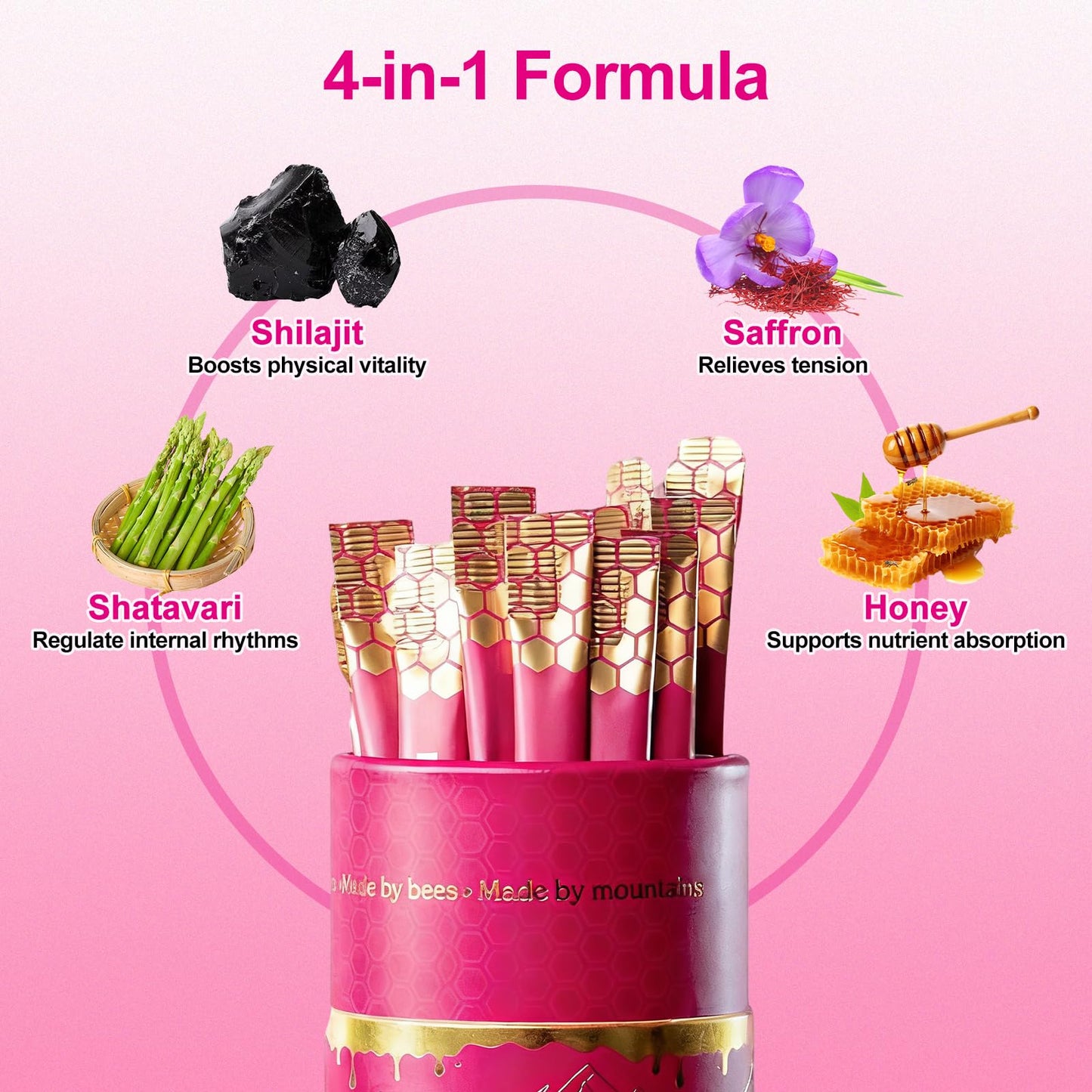 Glabrskise Shilajit Honey Sticks for Women with Shatavari & Saffron, 75%+ Fulvic Acid, 85+ Trace Minerals Gummies, 30 Count