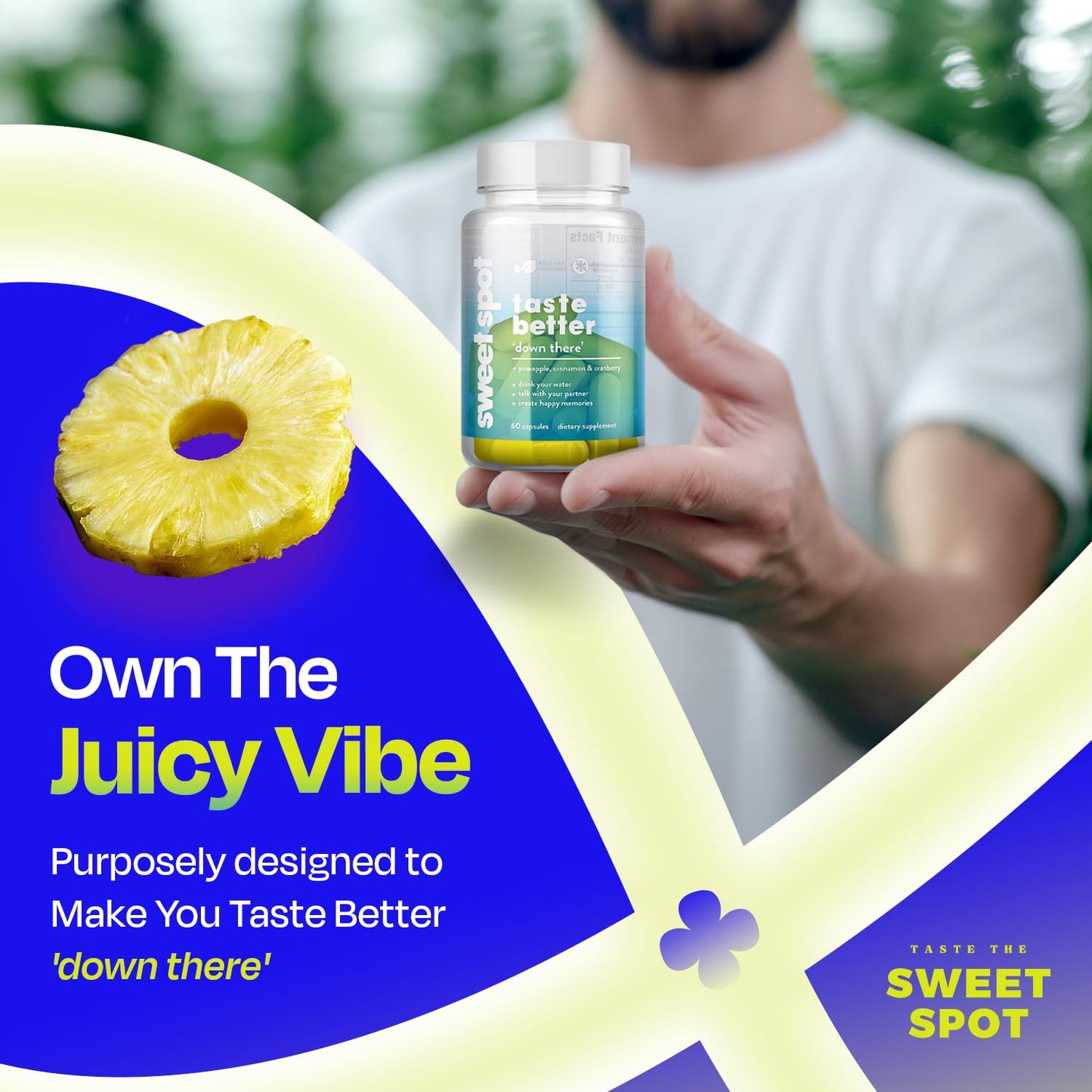 Taste The Sweet Spot Pineapple Probiotics for Men 625mg Sweet Spot Formula with Pineapple Extract, Cranberry & Cinnamon, 60 Capsules