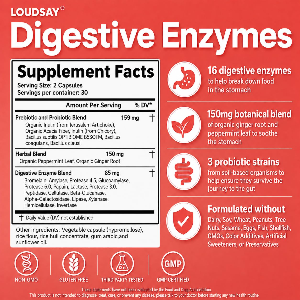 LOUDSAY Digestive Enzymes Supplement with Probiotics Capsule, 60 Count