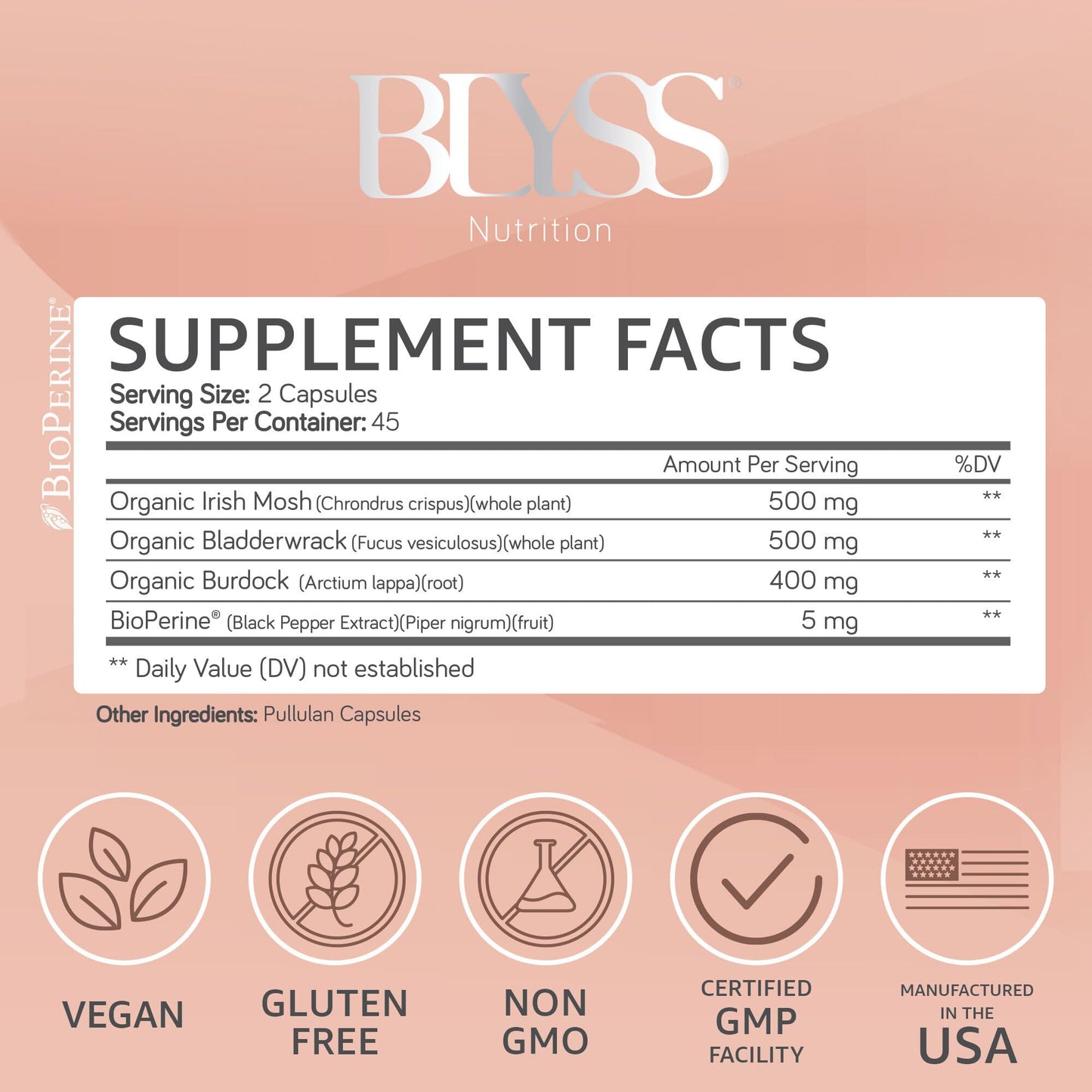BLYSS Nutrition Organic Irish Sea Moss Capsules with Burdock Root, Bladderwrack and Bioperine Black Pepper, 60 Count
