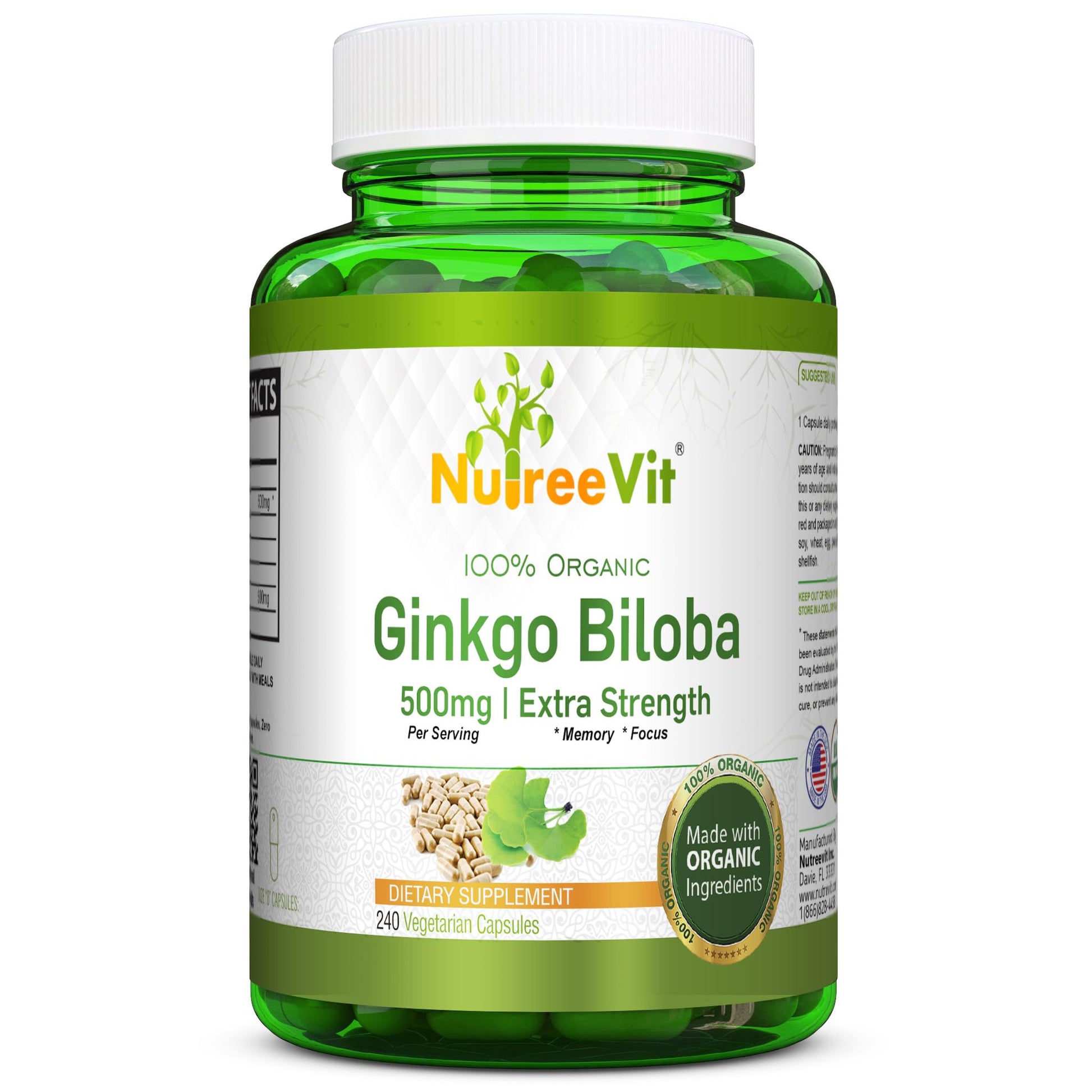 NutreeVit Ginkgo Biloba Herbal Supplement Capsules, 240 Count