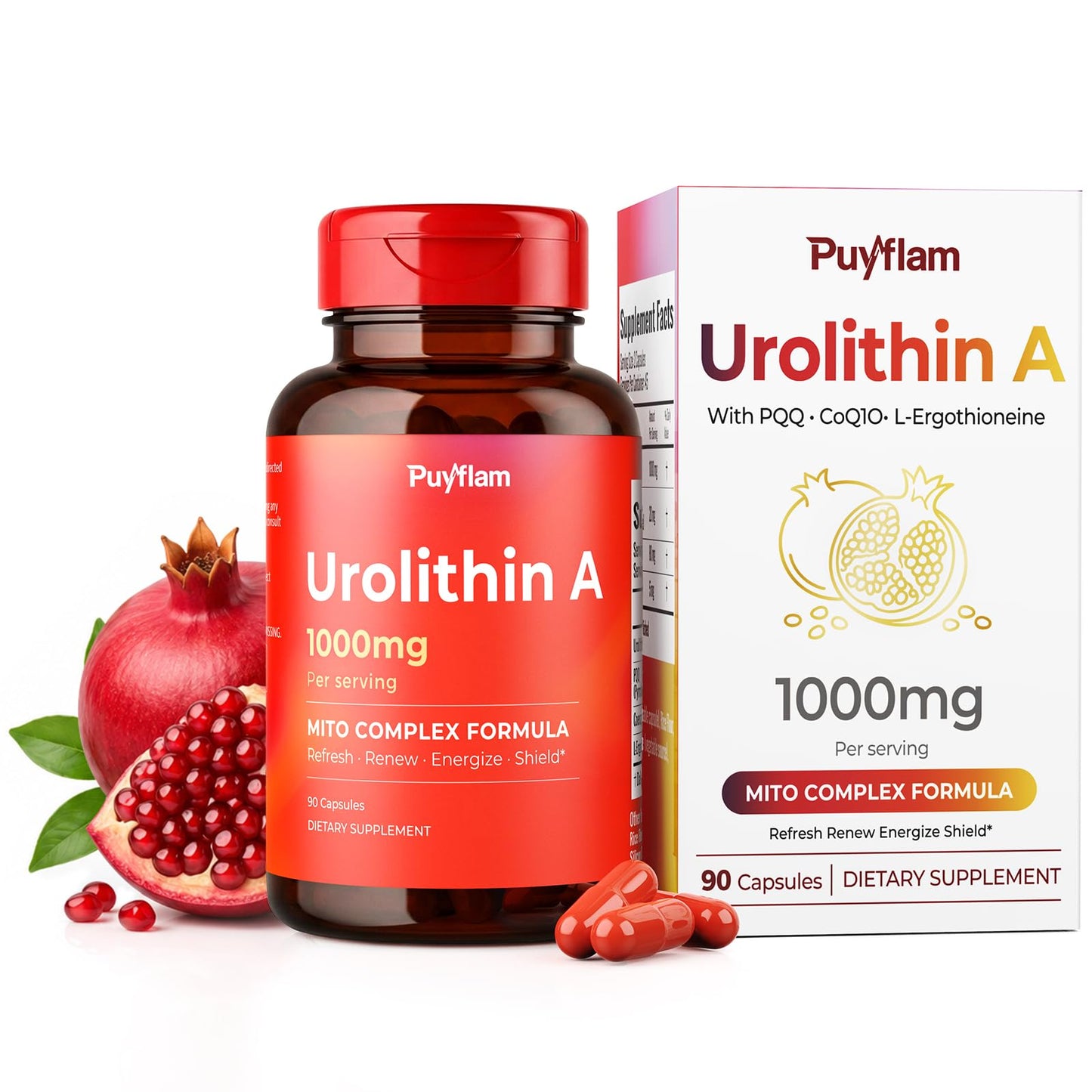 Puyflam Urolithin A Supplement 1000mg High Potency, Advanced 4-in-1 Complex Formula with PQQ, CoQ10 & L-Ergothioneine for Cellular Renewal & Healthy Aging, Mitochondrial for Muscle Health Support, 90 Capsules