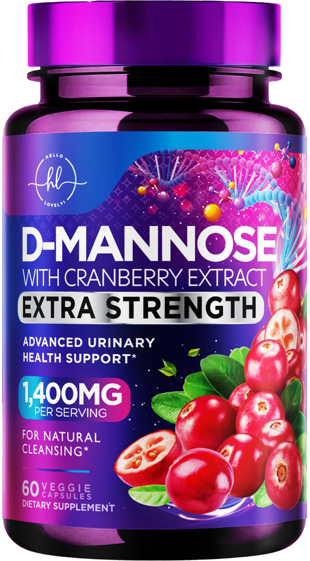 Hello Lovely! D-Mannose 1300mg with Cranberry Capsules, 60 Capsules