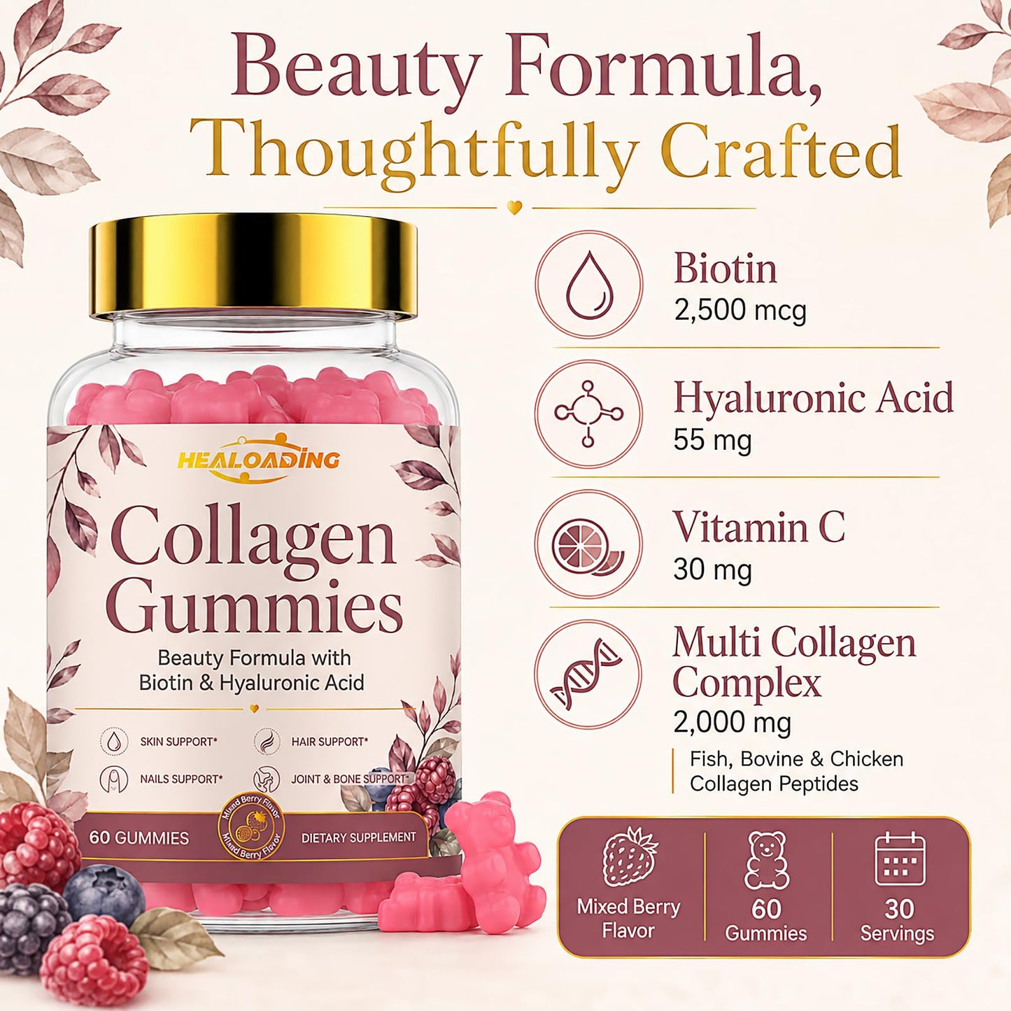 HEALOADING Collagen Gummies with Biotin & Vitamin C 60 Count