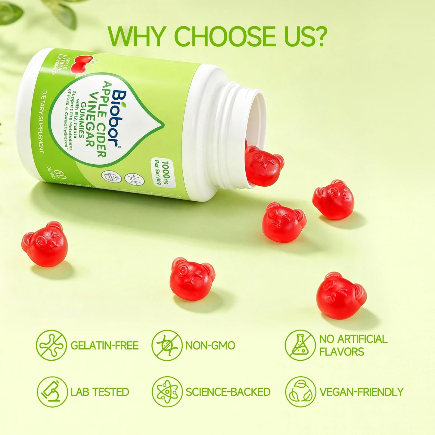 Biobor Apple Cider Vinegar Gummies 1000 mg with Vitamin B12, 60 Gummies