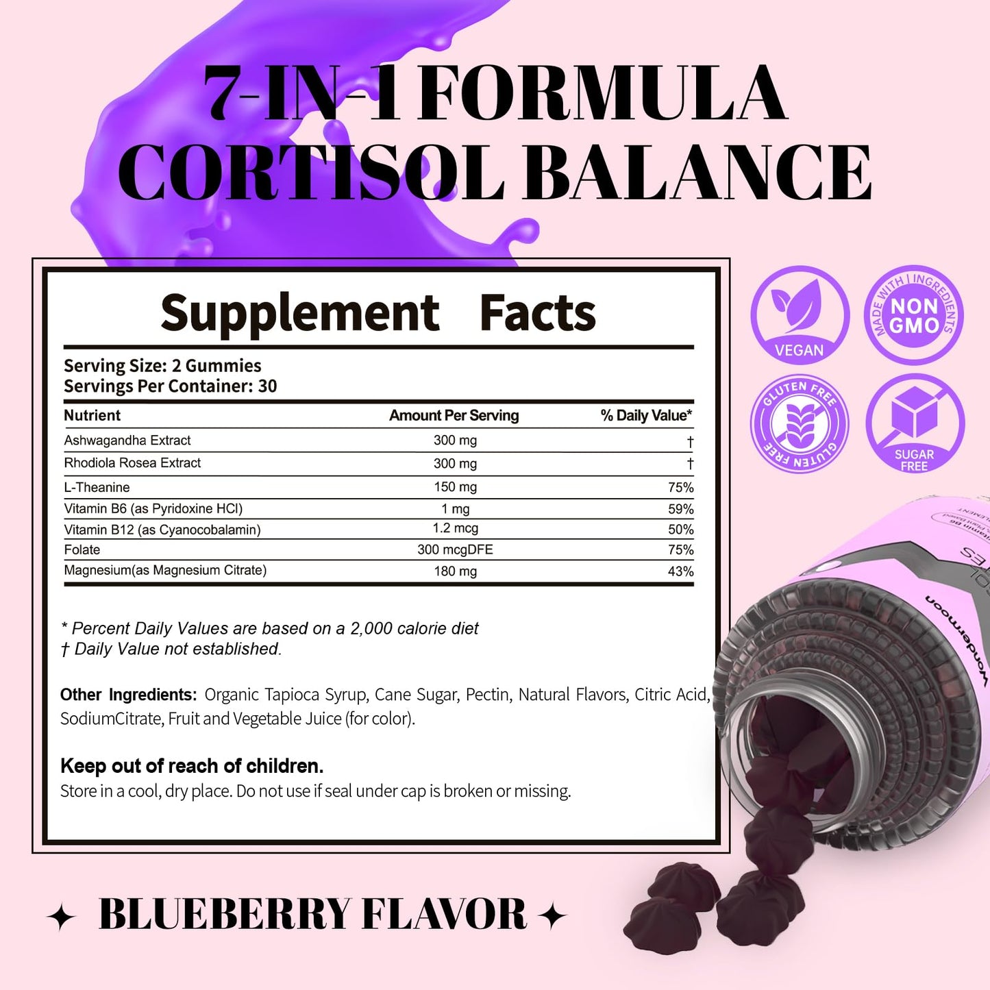 Wondermoon Cortisol Gummies for Women, 7-in-1 Cortisol Reducer with Ashwagandha, Rhodiola Rosea, L-Theanine, Magnesium - Stress, Mood, Focus & Relaxation Support - Blueberry Flavor, 60 Gummies