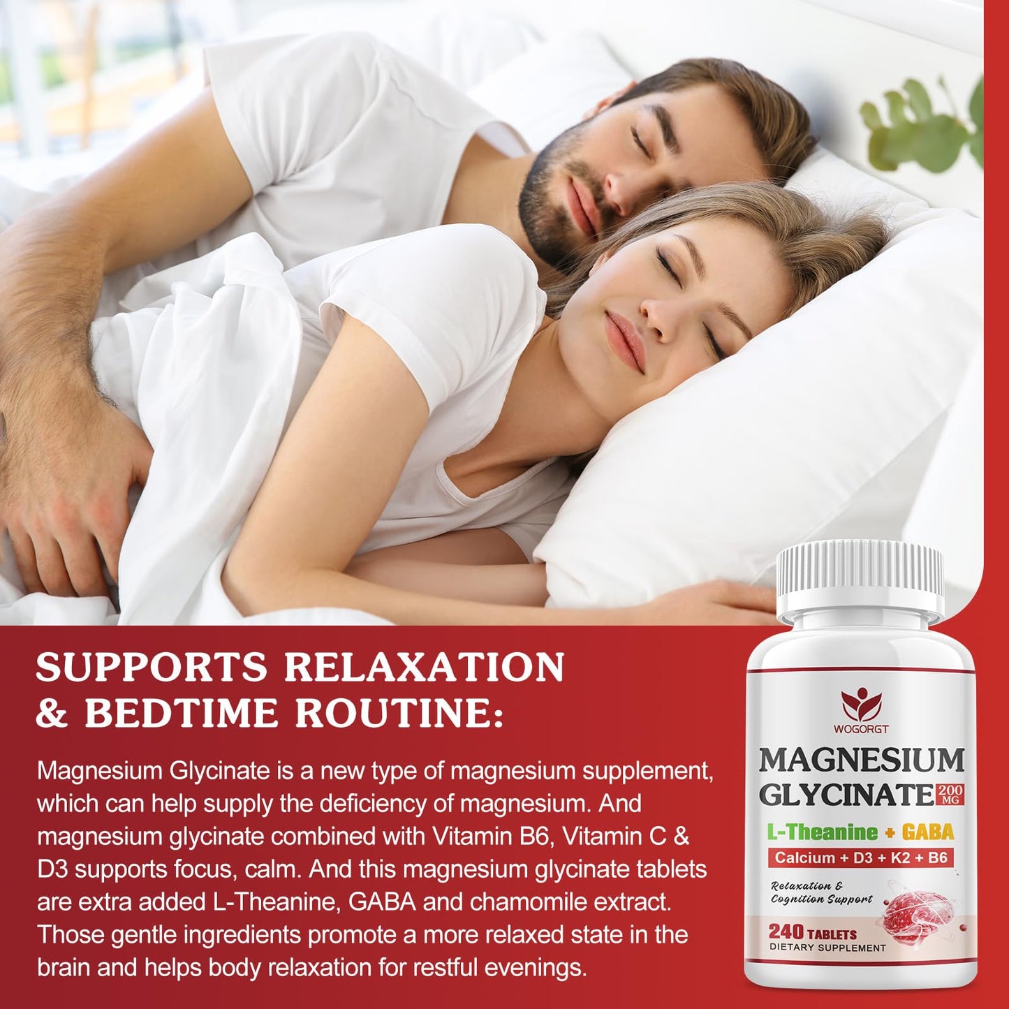 WOGORGT Magnesium Glycinate 200mg Supplement Tablet, 240 Tablets