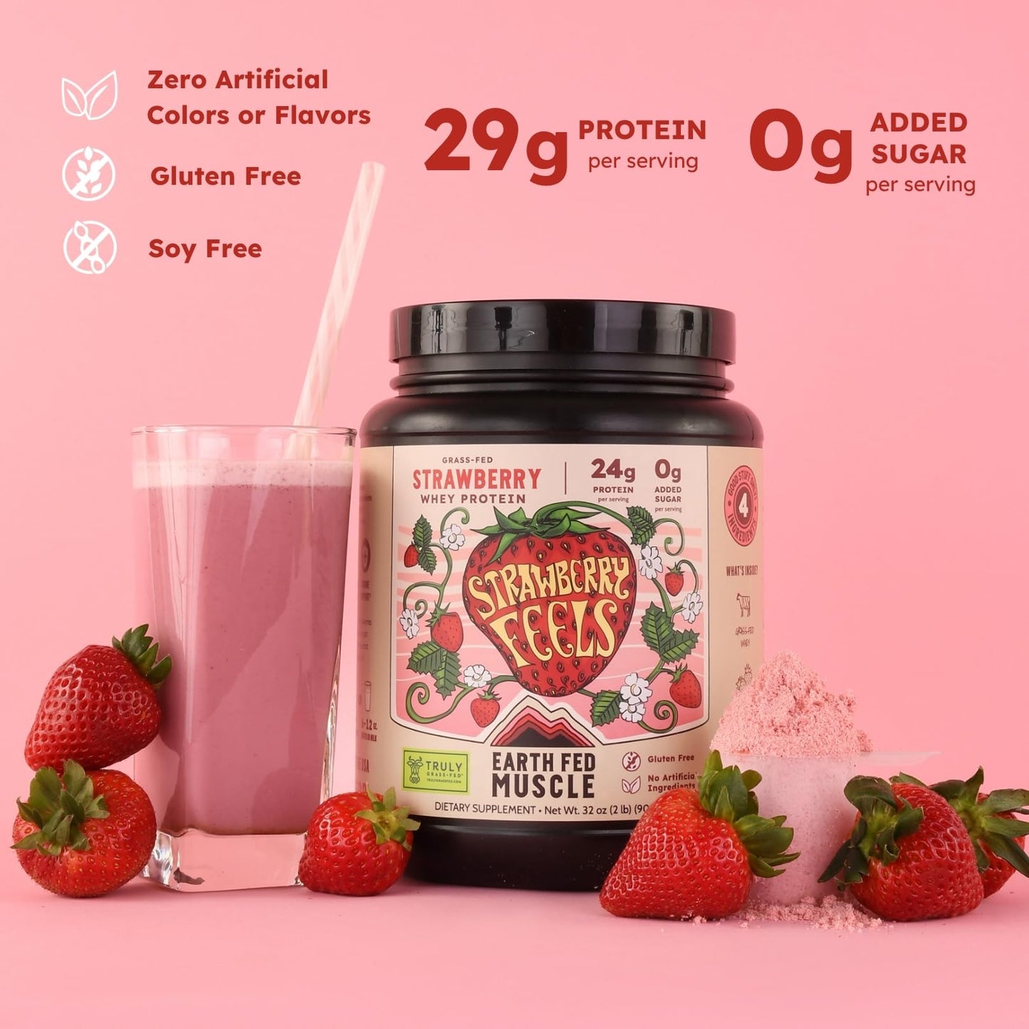 Earth Fed Muscle Strawberry Feels Forever Irish Grass Fed Whey Protein Isolate Powder, 32 Servings