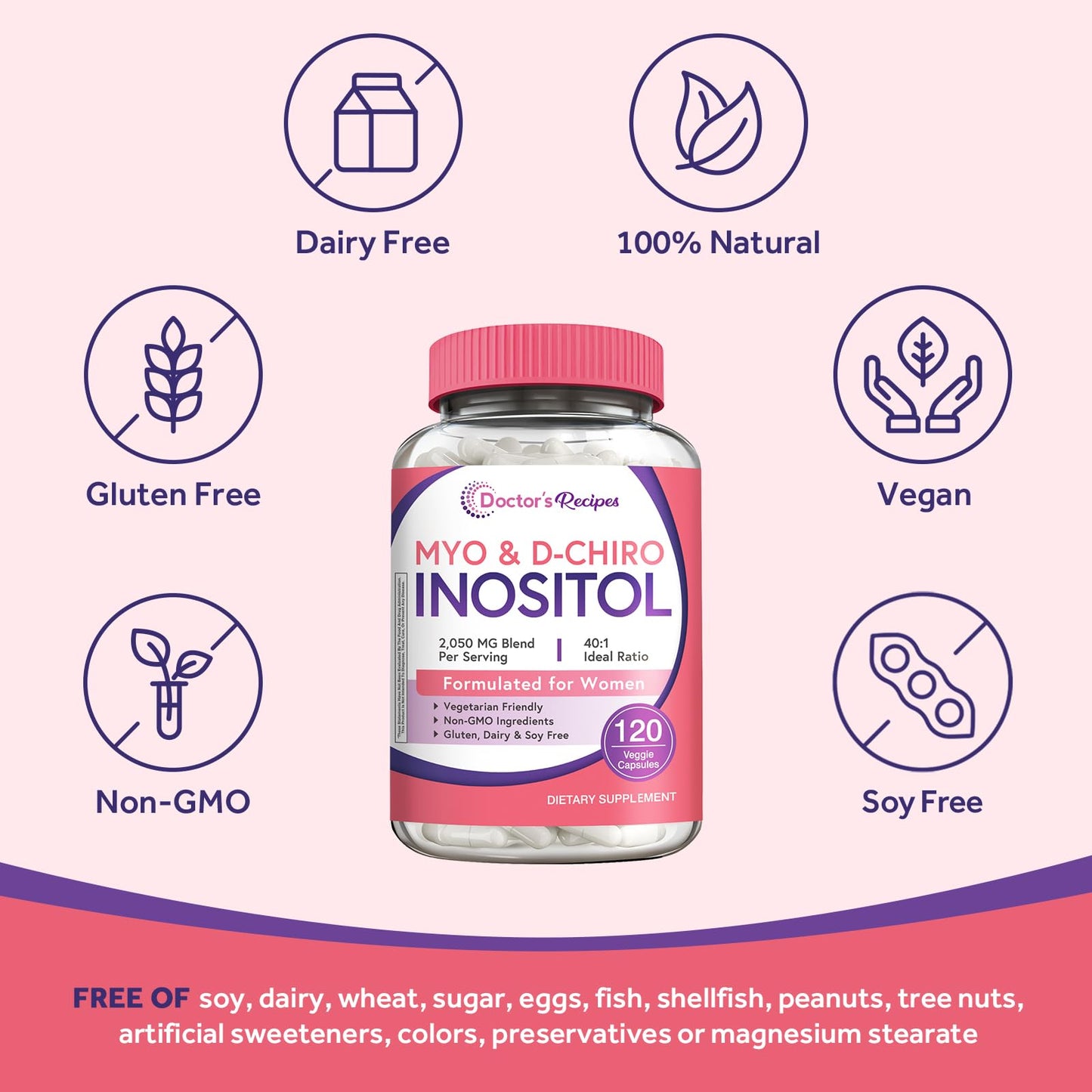 Doctor's Recipes Inositol Supplement with Myo-Inositol & D-Chiro Inositol, 2050mg per Serving, 40:1 Blend, Capsules, 120 Count