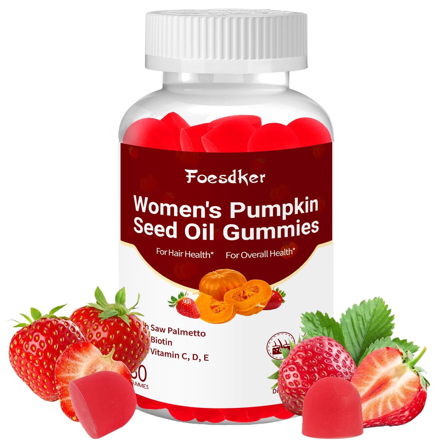 Foesdker Women's Hair Health Pumpkin Seed Oil Gummies with Saw Palmetto, Biotin, Vitamin C, D, E for Hair & Skin & Daily Overall Health, Strawberry Flavor, 60 Count