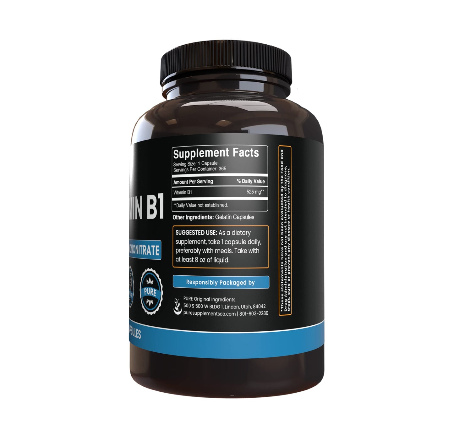 PURE ORIGINAL INGREDIENTS Vitamin B1 (Thiamine Mononitrate) Capsules, 365 Count