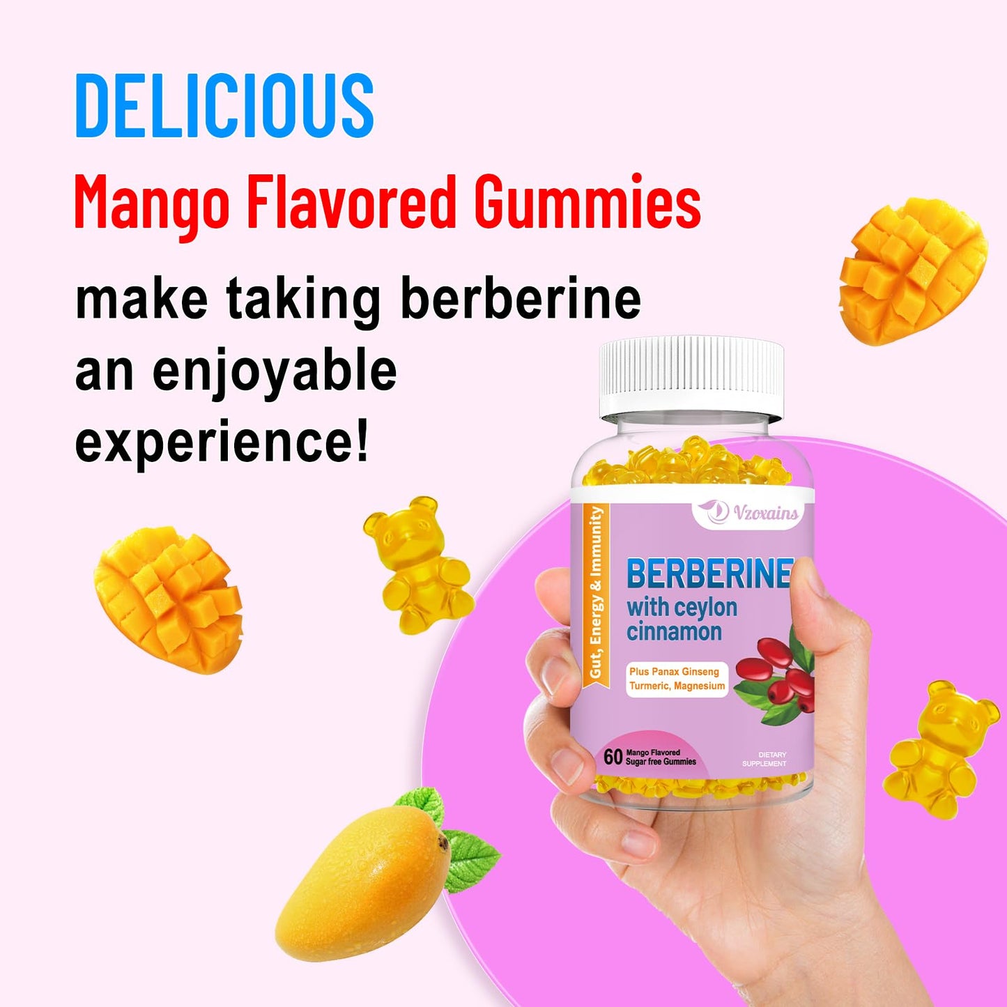 VZOXAINS Berberine with Ceylon Cinnamon Gummies, 60 Gummies