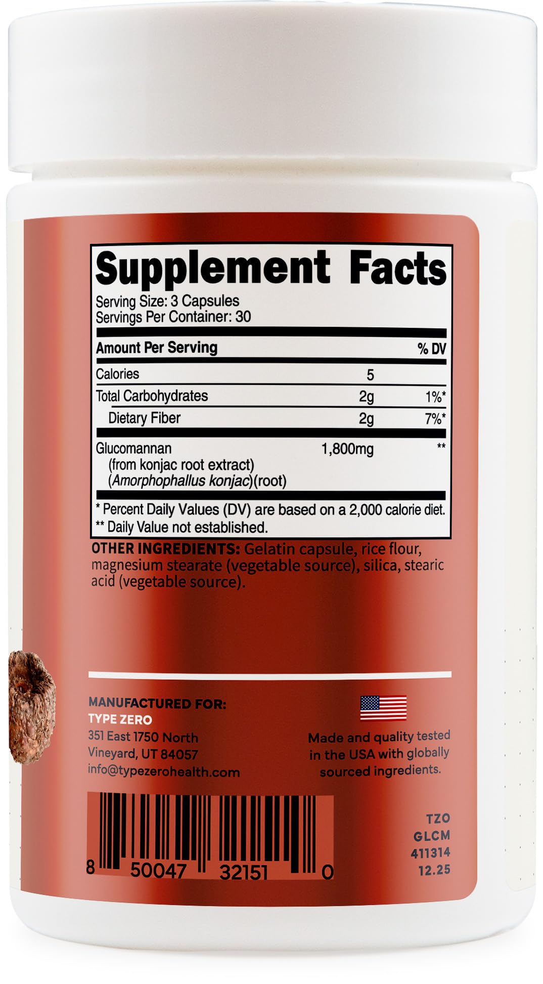 Type Zero Clean Glucomannan Konjac Root Extract (1,800mg) Capsule, 90 Count