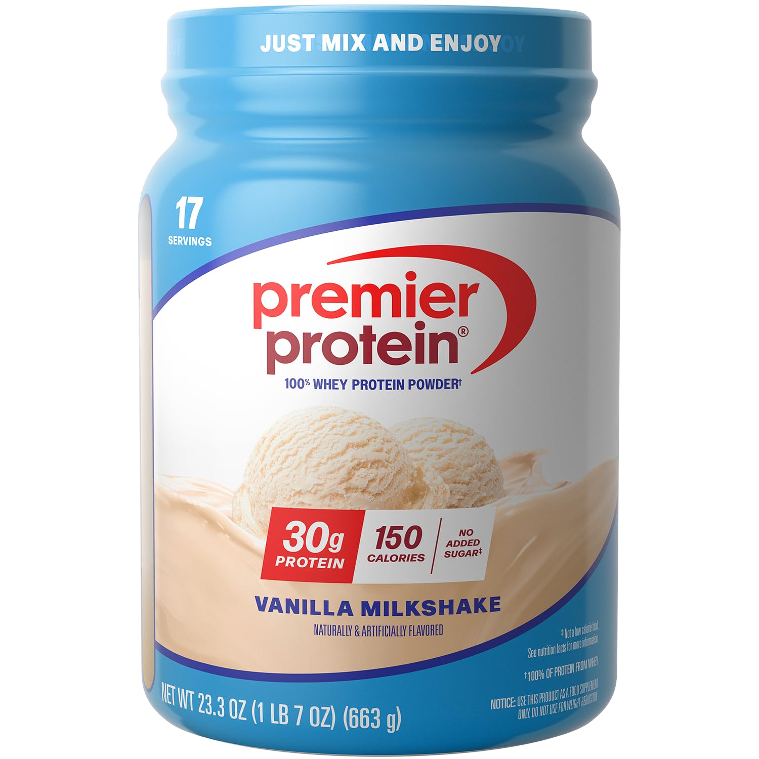 Premier Protein 30g High Protein Powder, 100% Whey, Vanilla Milkshake, 23.3 oz