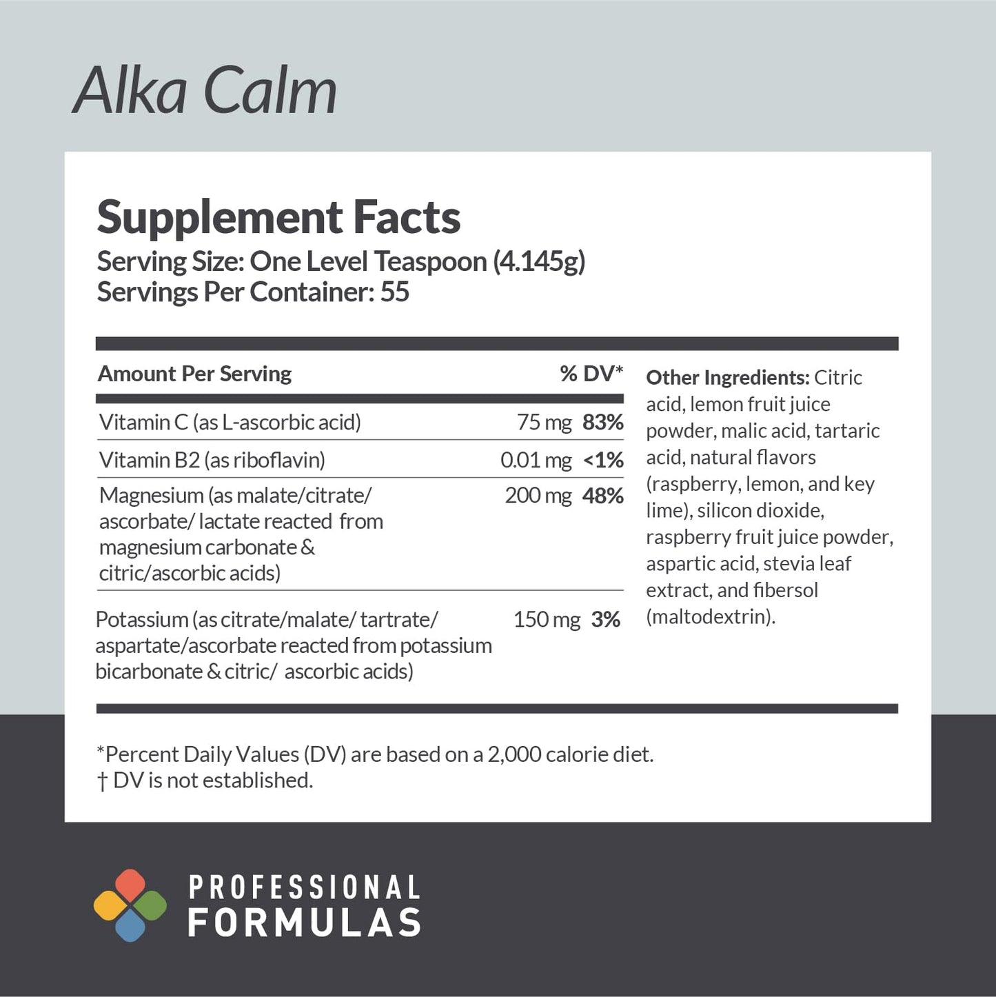 PROFESSIONAL COMPLEMENTARY HEALTH FORMULAS Alka Calm Effervescent Magnesium & Potassium Powder with Vitamin C – Raspberry Lemonade, 8 oz