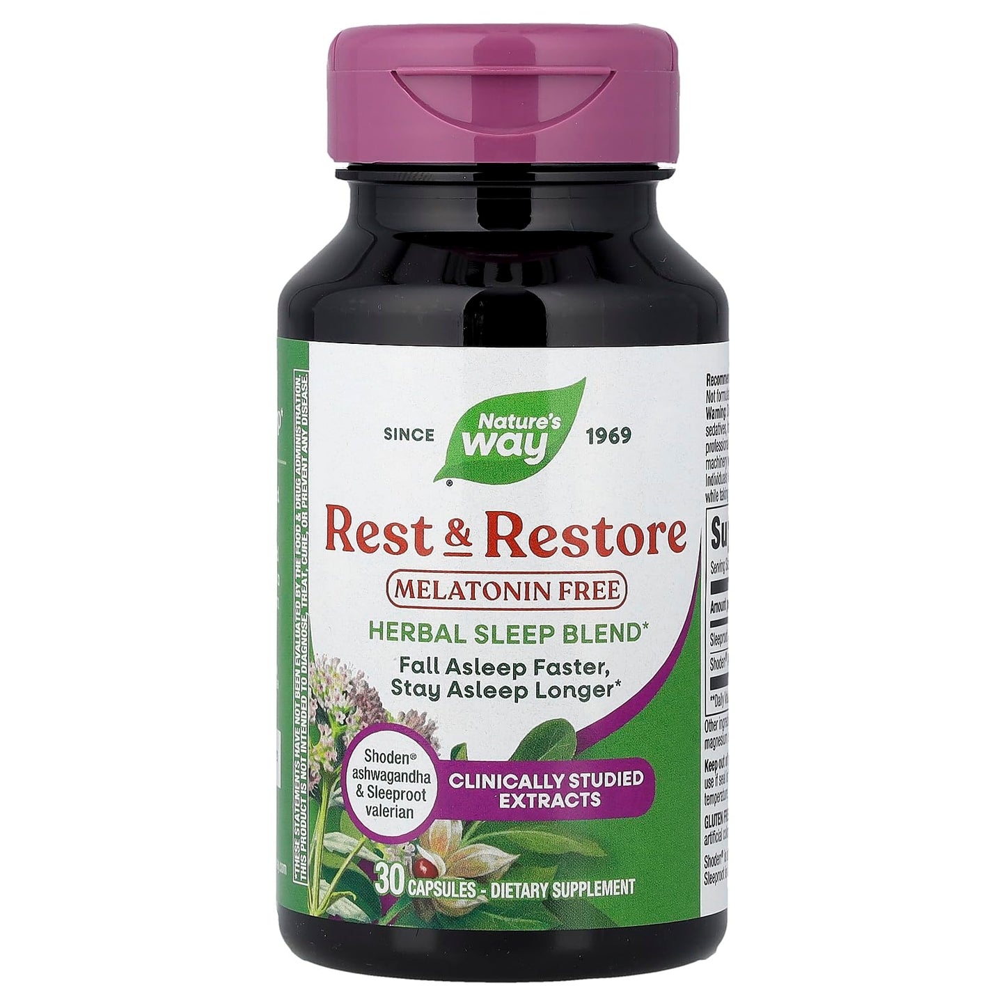 Nature's Way Rest & Restore Melatonin-Free Sleep Supplement with Ashwagandha and Valerian, Vegan, 30 Capsules