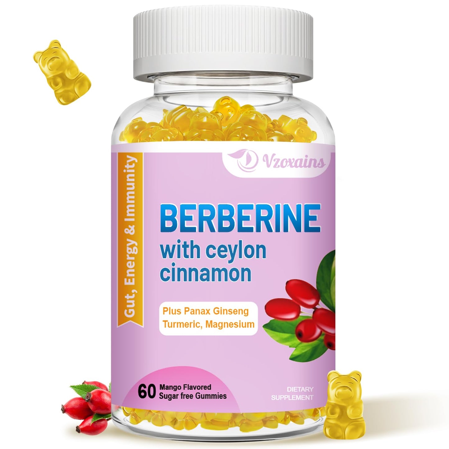 VZOXAINS Berberine with Ceylon Cinnamon Gummies, 60 Gummies