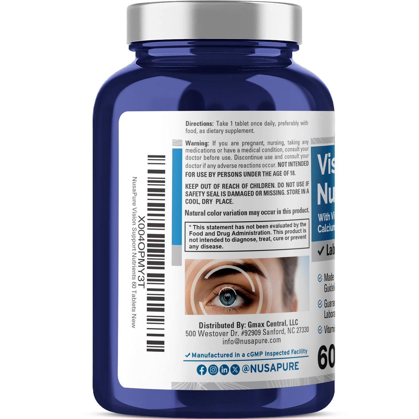 NusaPure Vision Support Nutrients with Vitamin A, C, E, Calcium, Zinc, Selenium, Copper, Lutein Tablets, 60 Tablets