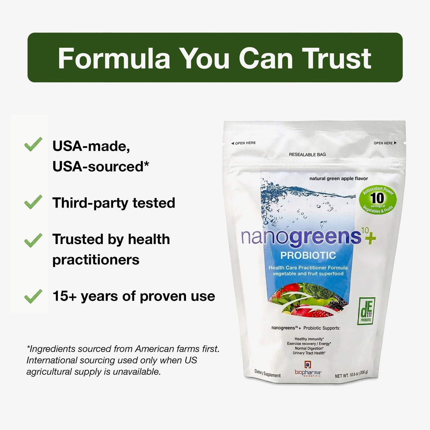 Biopharma Scientific NanoGreens + Probiotic Greens Powder 10.6 Ounce