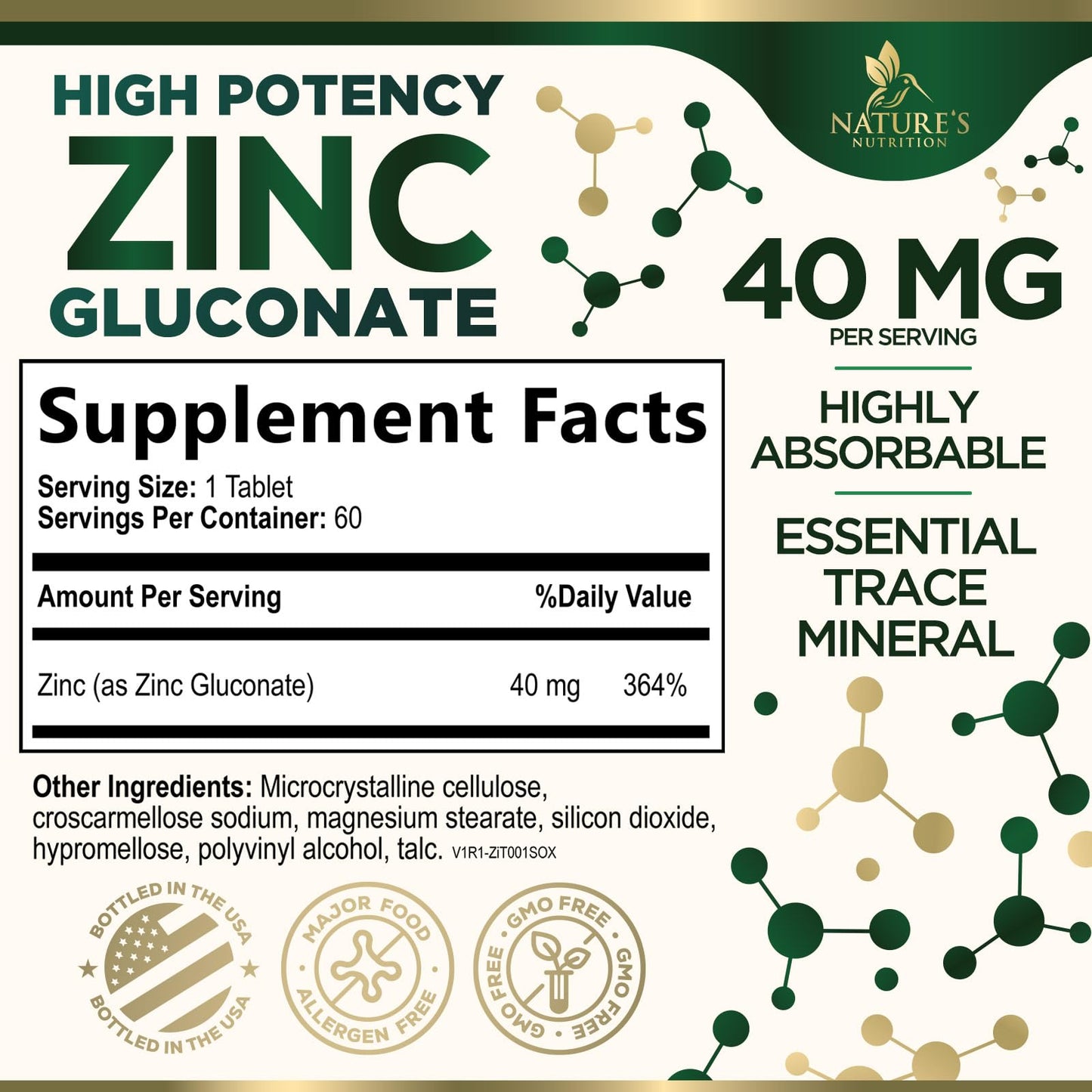 Nature's Nutrition Zinc 40mg Tablets, 60 Count