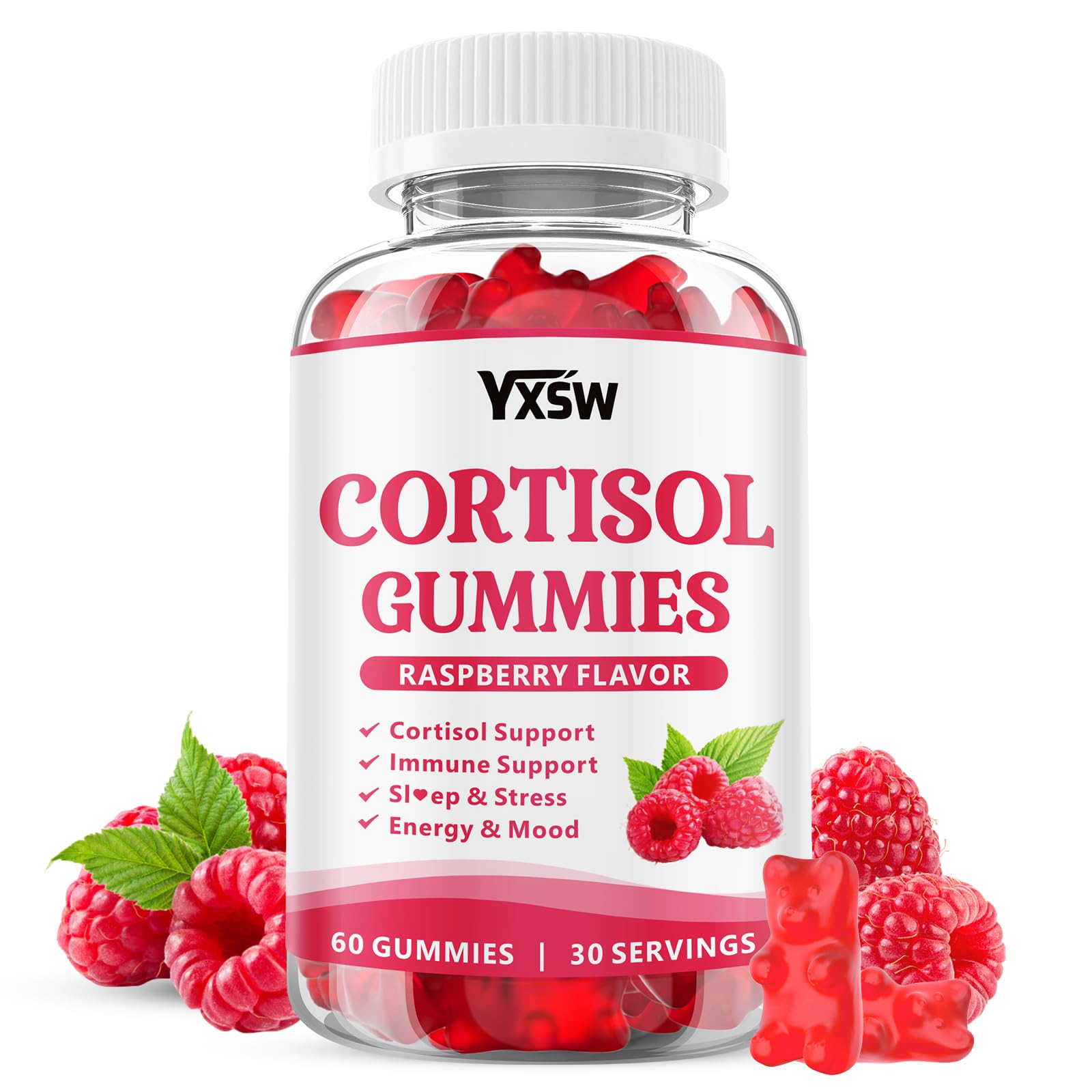 YXSW Cortisol Gummies for Women, Sugar-Free, with Magnesium Glycinate, Ashwagandha & Rhodiola Rose, Raspberry Flavor, 60 Count