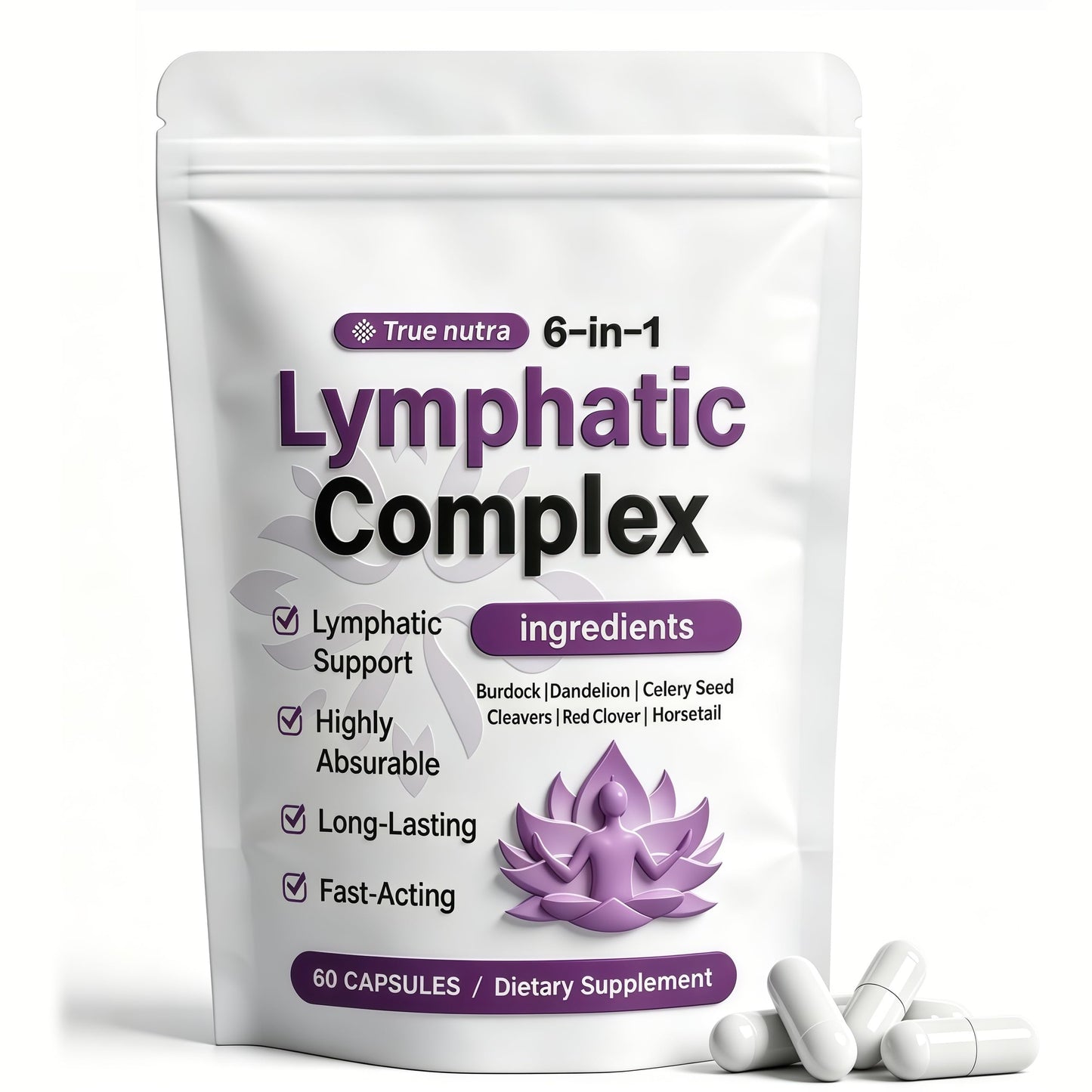 True Nutra Lymphatic Complex 6 in 1, Lymphatic Drainage with Burdock, Dandelion, Kelp Cleavers for Balance Cortisol & Skin Vitality Caplets, 60