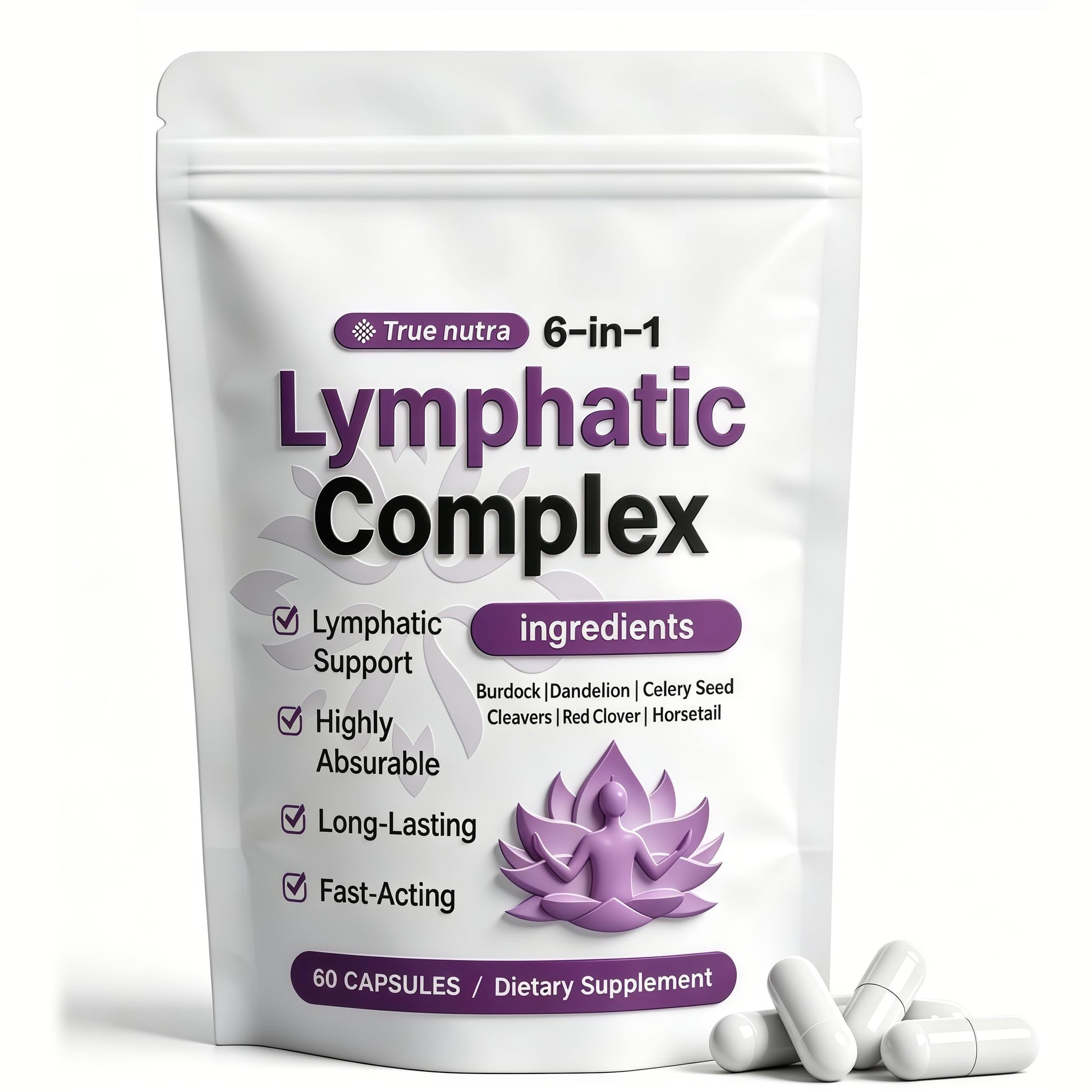 True Nutra Lymphatic Complex 6 in 1, Lymphatic Drainage with Burdock, Dandelion, Kelp Cleavers for Balance Cortisol & Skin Vitality Caplets, 60