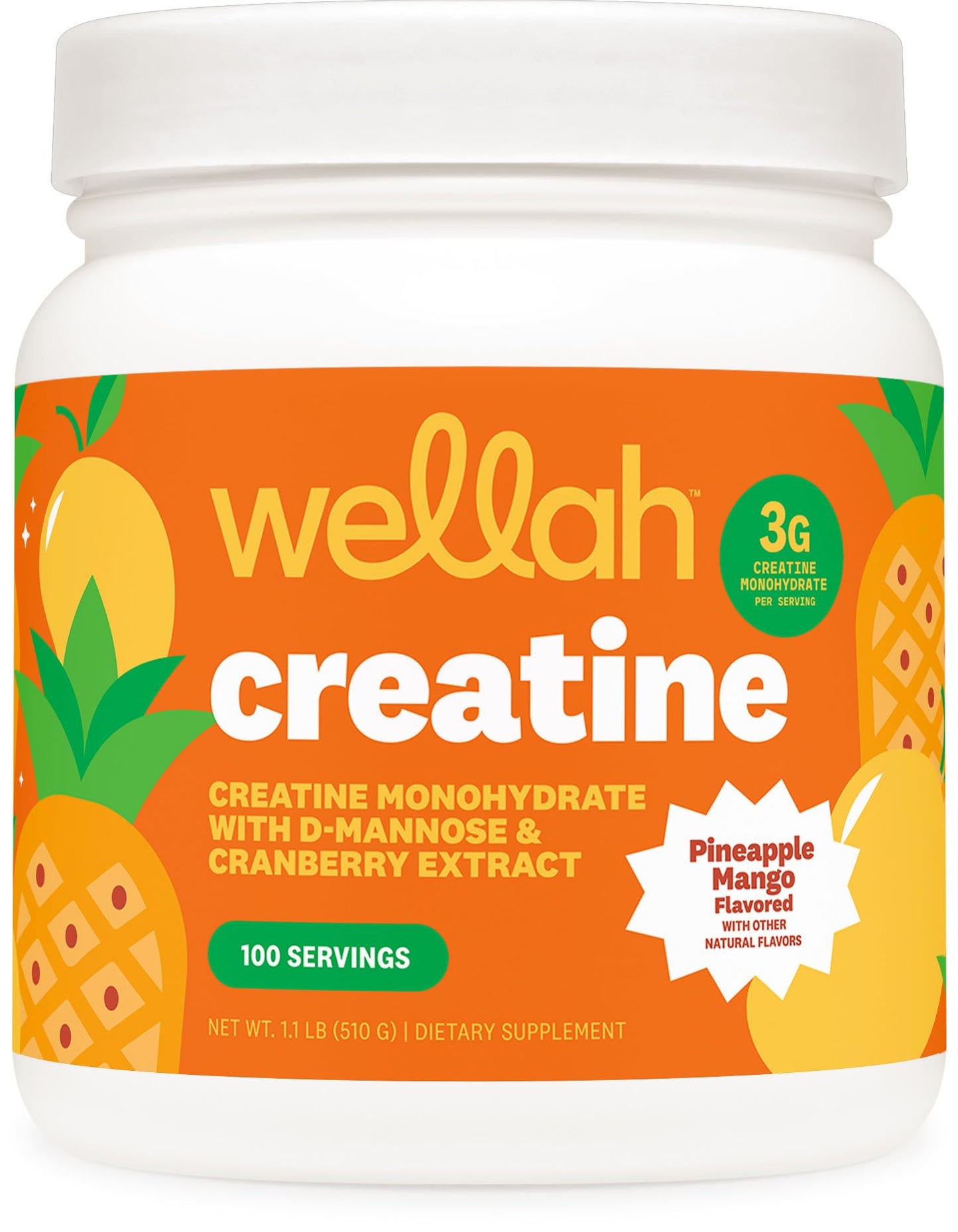 Wellah Creatine for Women (Pineapple Mango) Powder, 100 Servings