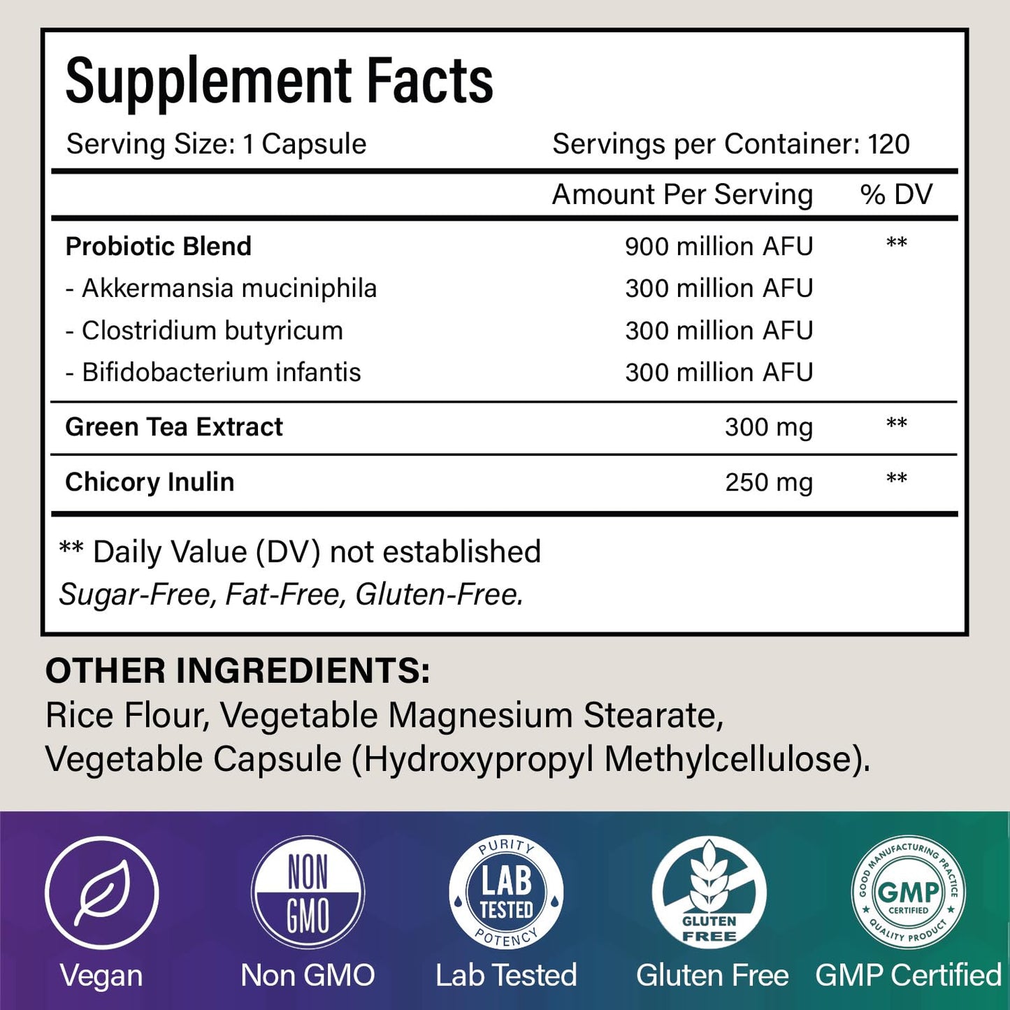 FloraBliss Probiotic Capsules 900 Million AFU (Akkermansia, Clostridium, Bifidobacterium) with Prebiotic Chicory and Green Tea Extract, Gluten Free, Vegan, Non-GMO, 120 Capsules