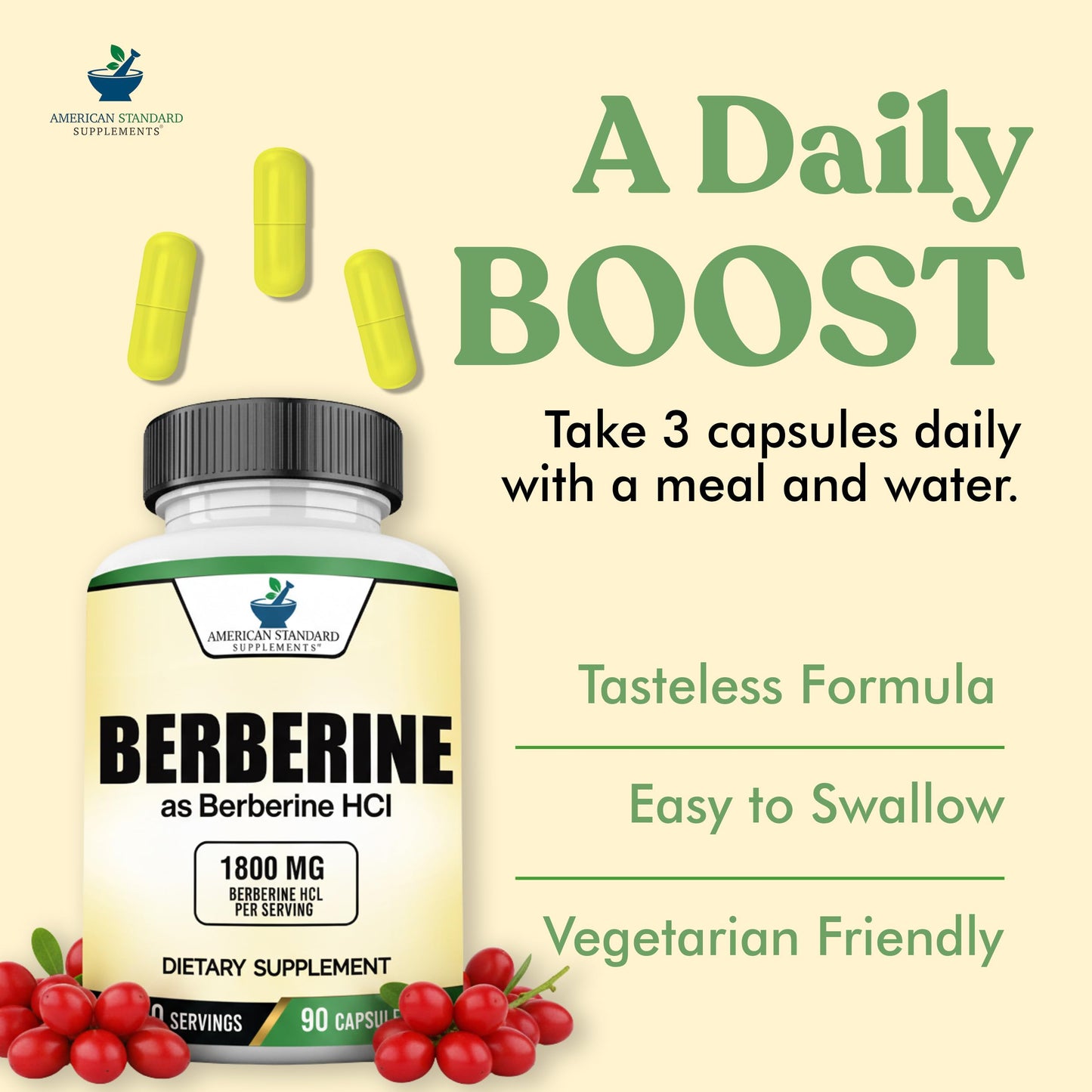 American Standard Supplements Berberine Capsules 1800mg Per Serving, 90 Veggie Capsules