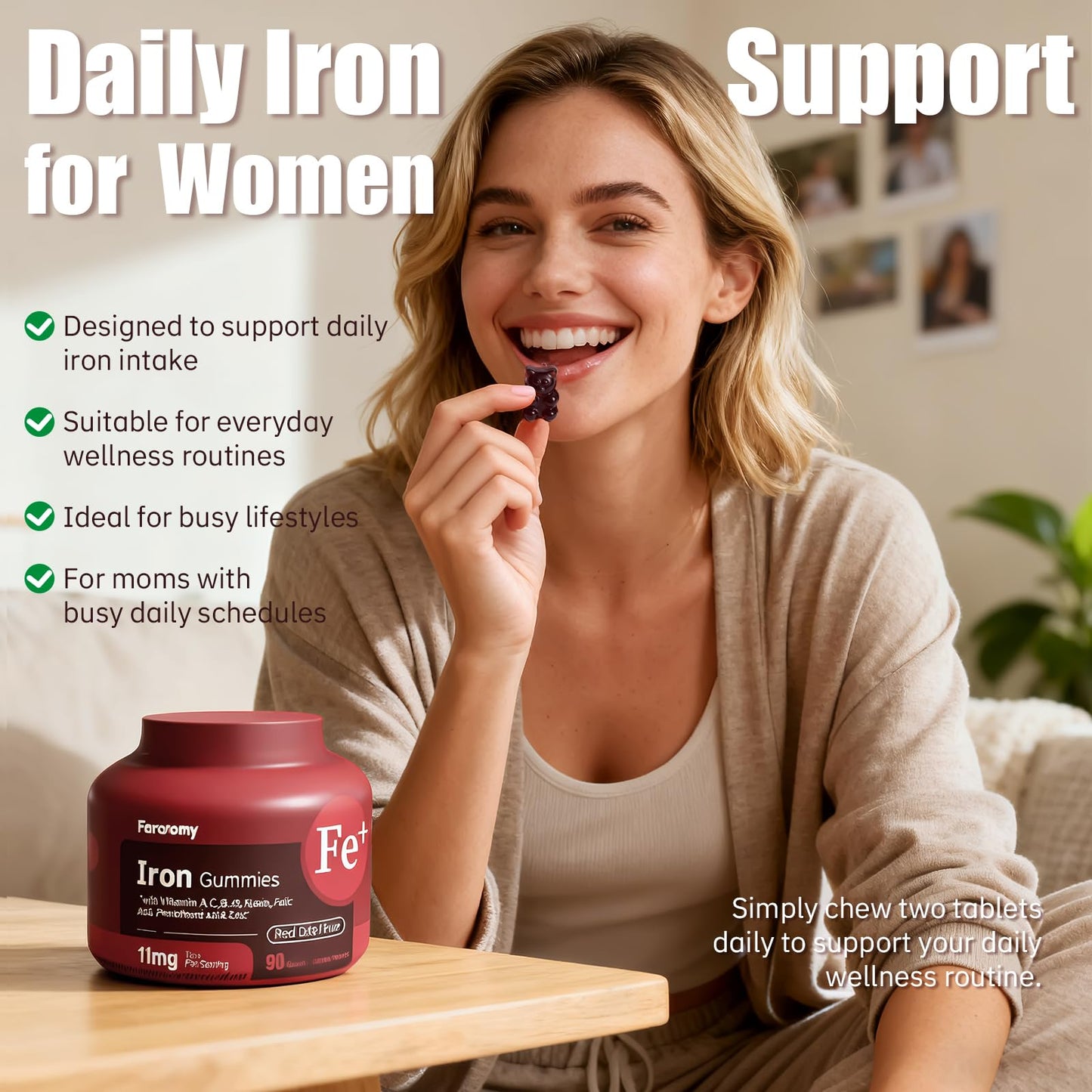 Faroromy Iron & Multivitamin Gummies for Adults & Kids, Folate, Vitamin C, B12, B6 & Zinc - Red Date Flavor, 90 Count