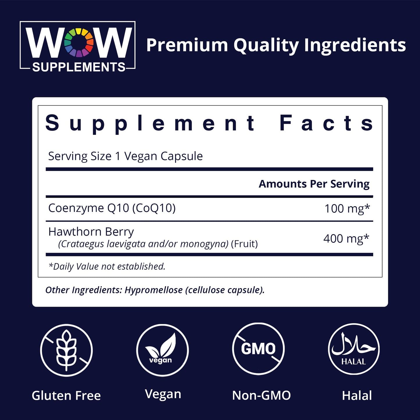 WOW Supplements CoQ10 100 mg with Hawthorn Berry High Absorption CoQ10 for Energy, Heart & Cellular Health Non-GMO Gluten-Free Coenzyme Q10 100 mg Supplement 90 Capsules