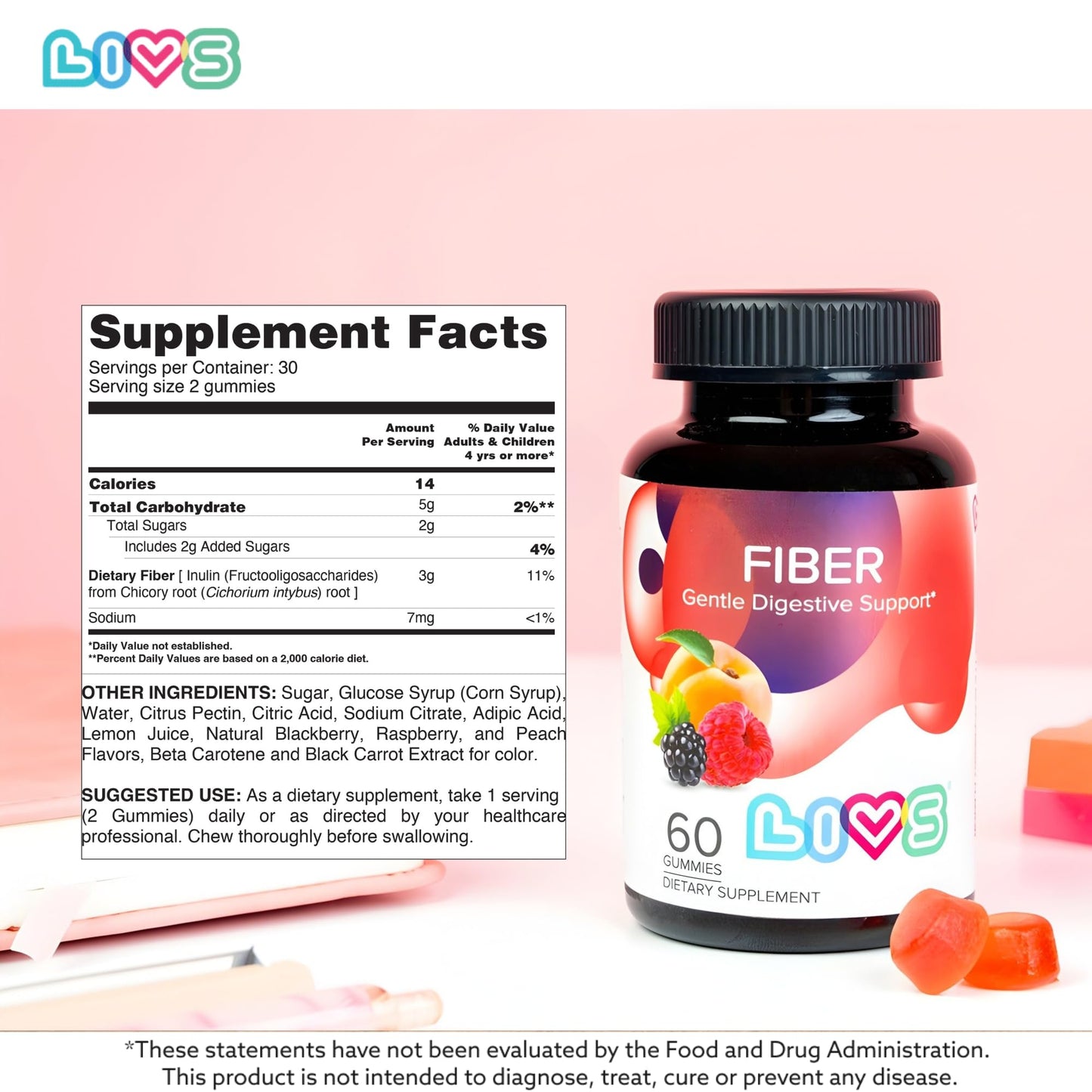 LIVS Fiber Gummies for Adults Gummy 60 Count