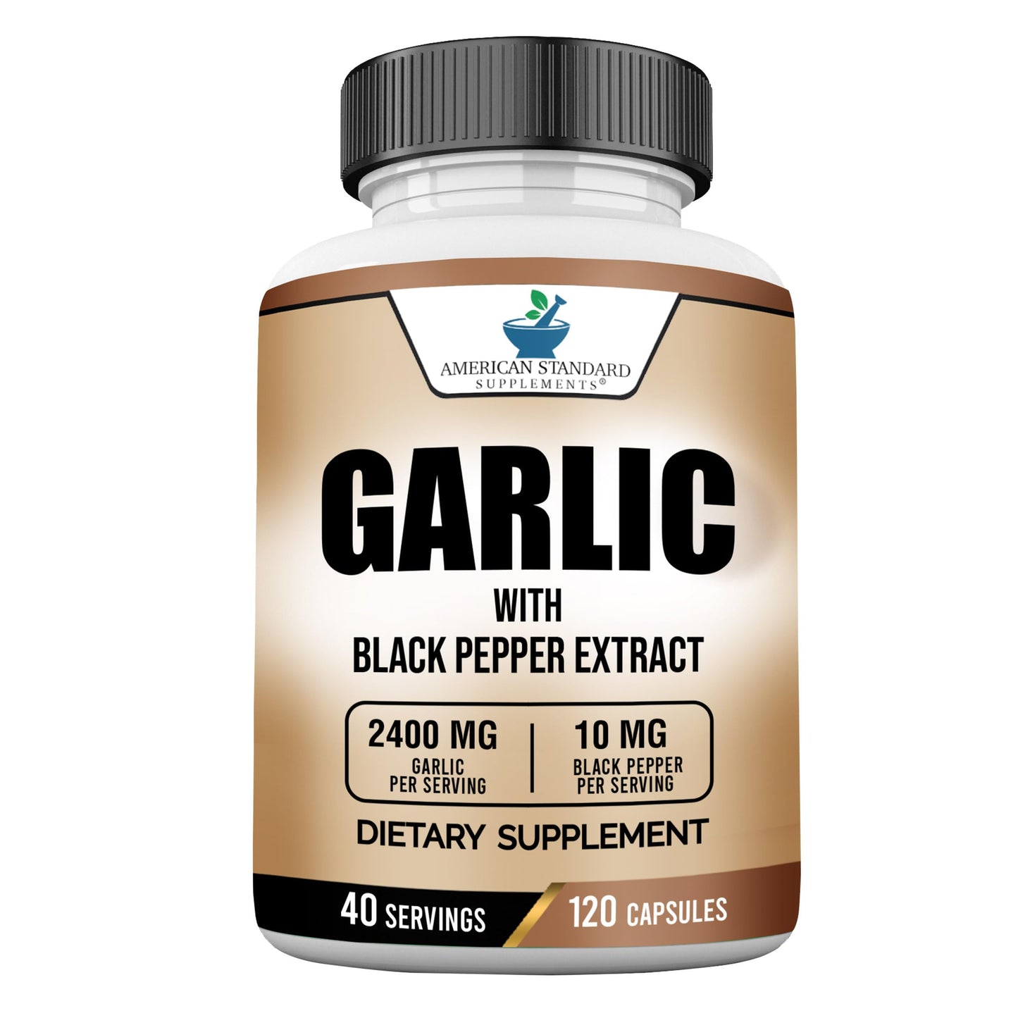 American Standard Supplements Garlic 2400mg Per Serving with Black Pepper Fruit Extract Capsules, 120 Count