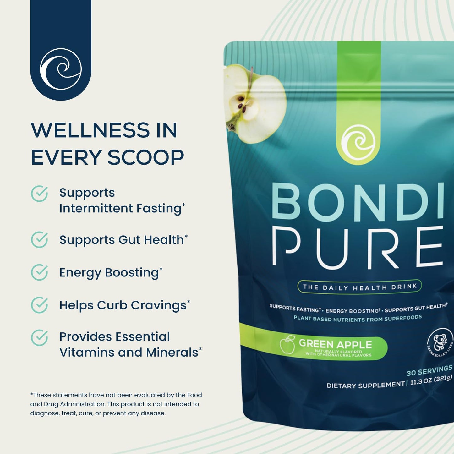 Bondi Pure Daily Health & Detox Drink Powder Green Apple 11.3