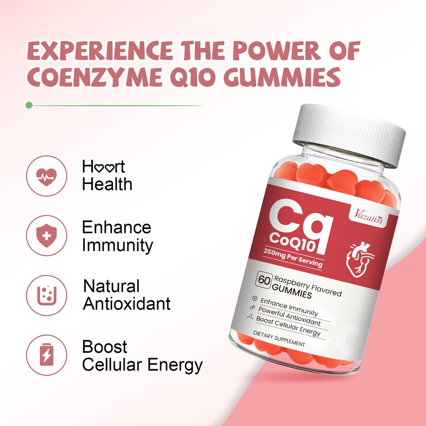 Vazatisi CoQ10 Gummies 250 mg with Omega-3 & Vitamin B3, Raspberry Flavor, 60 Count