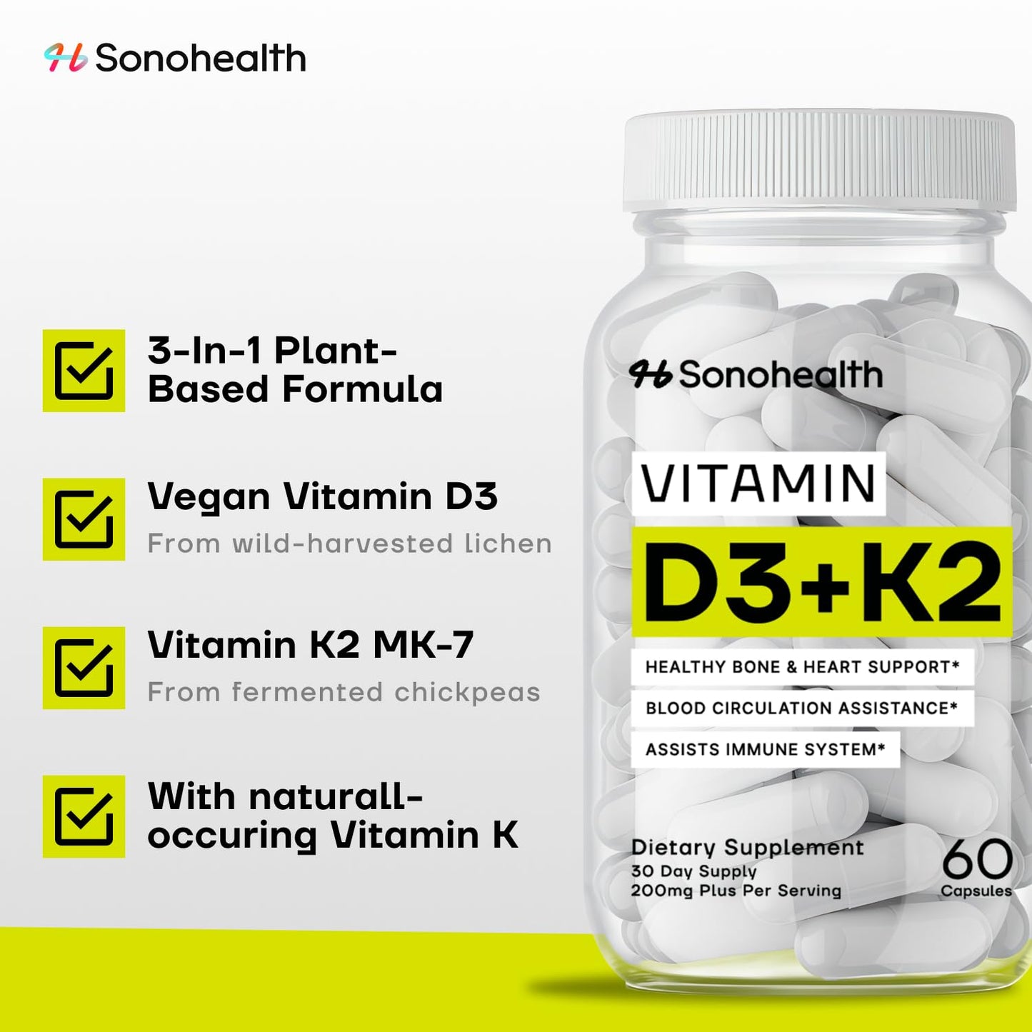 SonoHealth Vitamin D3 + K2 with BioPerine 60 Capsules