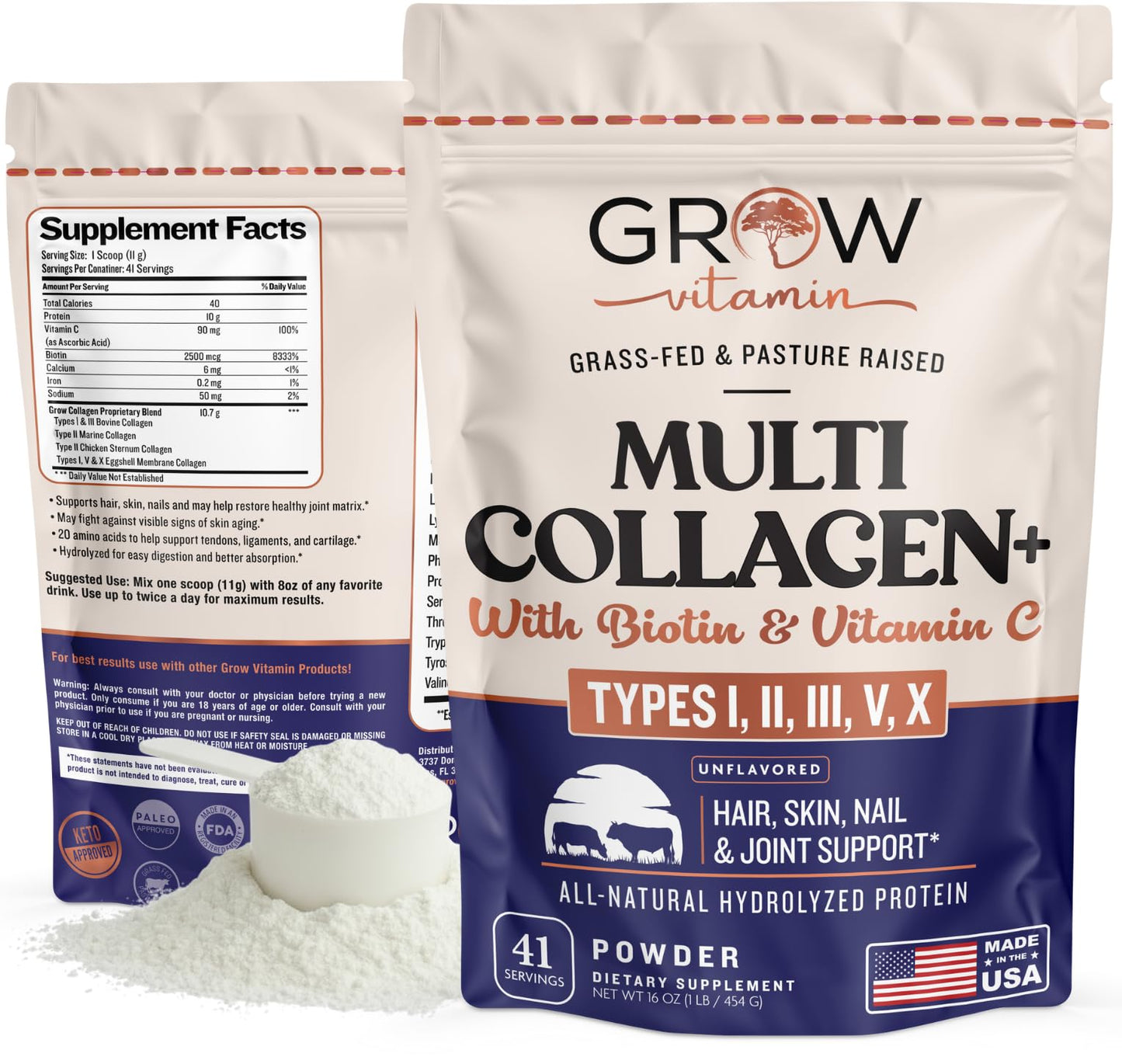 Grow Vitamin Collagen Multi Collagen Powder for Women with Types I, II, III, V & X - Keto Friendly, Hydrolyzed Collagen Peptides Powder Blend with Biotin & Vitamin C, 1 Pound