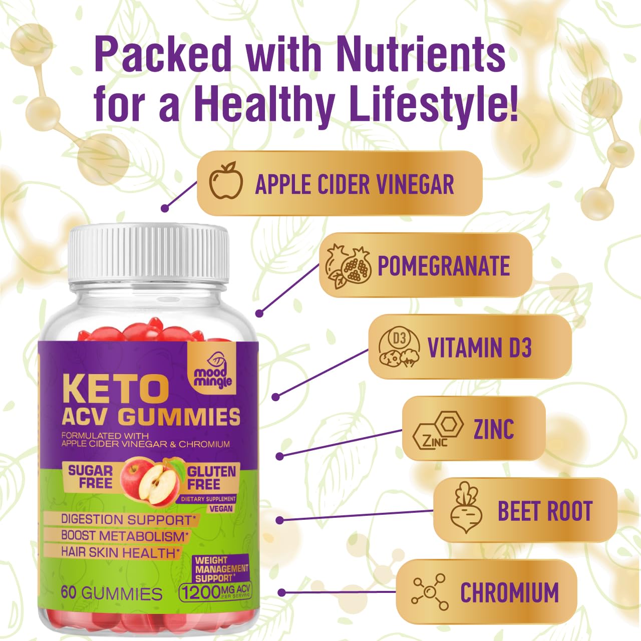 Mood Mingle Keto ACV Gummies for Advanced Weight Loss, Gluten & Sugar-Free Apple Cider Vinegar Rapid Fat Burner Diet Supplement for Women Men, 60 Gummies