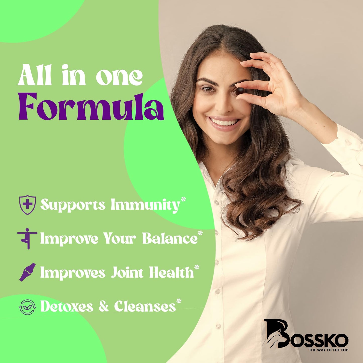 BOSSKO THE WAY TO THE TOP Happy Gummy Supplement 8-in-1 Advanced Formula Calm & Focus Support Gummies Blueberry Flavor 90 Count
