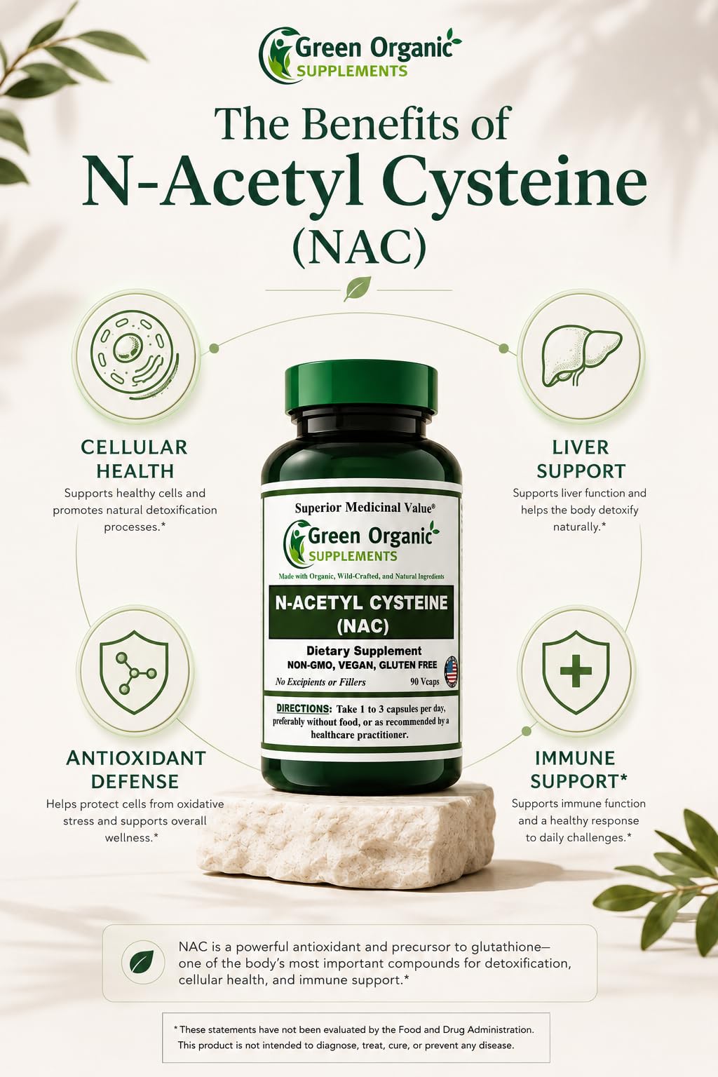 Green Organic Supplements N-Acetyl Cysteine (NAC) Capsules 180