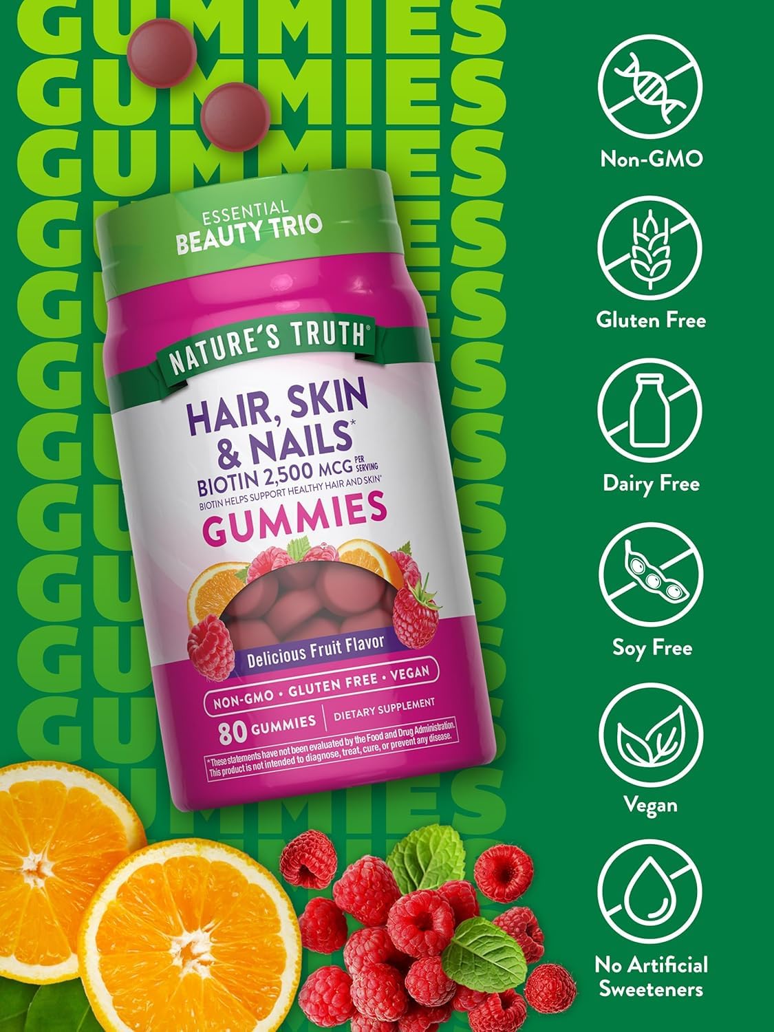 Nature's Truth Hair, Skin & Nails Biotin Gummies 2500 mcg Fruit Flavor, 160 Gummies