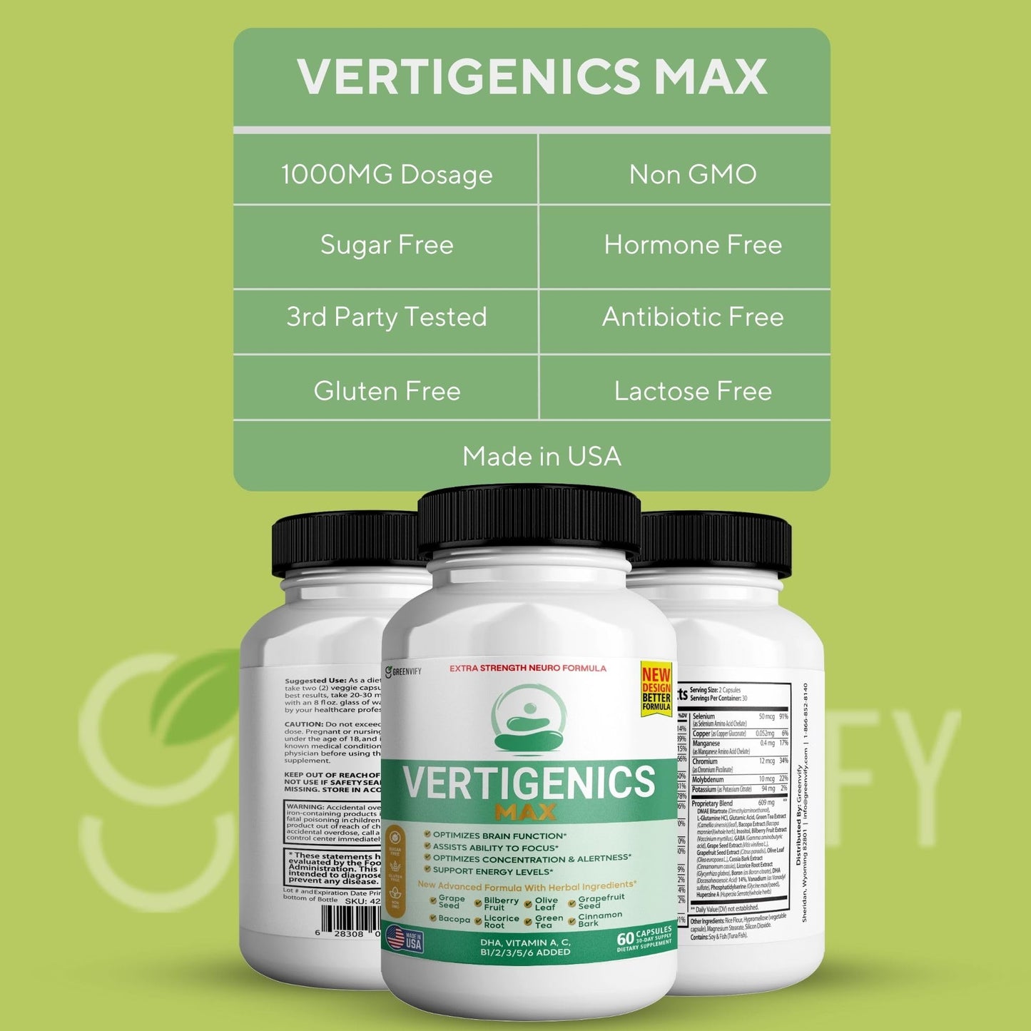 GREENVIFY Vertigenics Max Brain Support Supplement, Extra Strength Neuro Formula Capsule, 60 Capsules