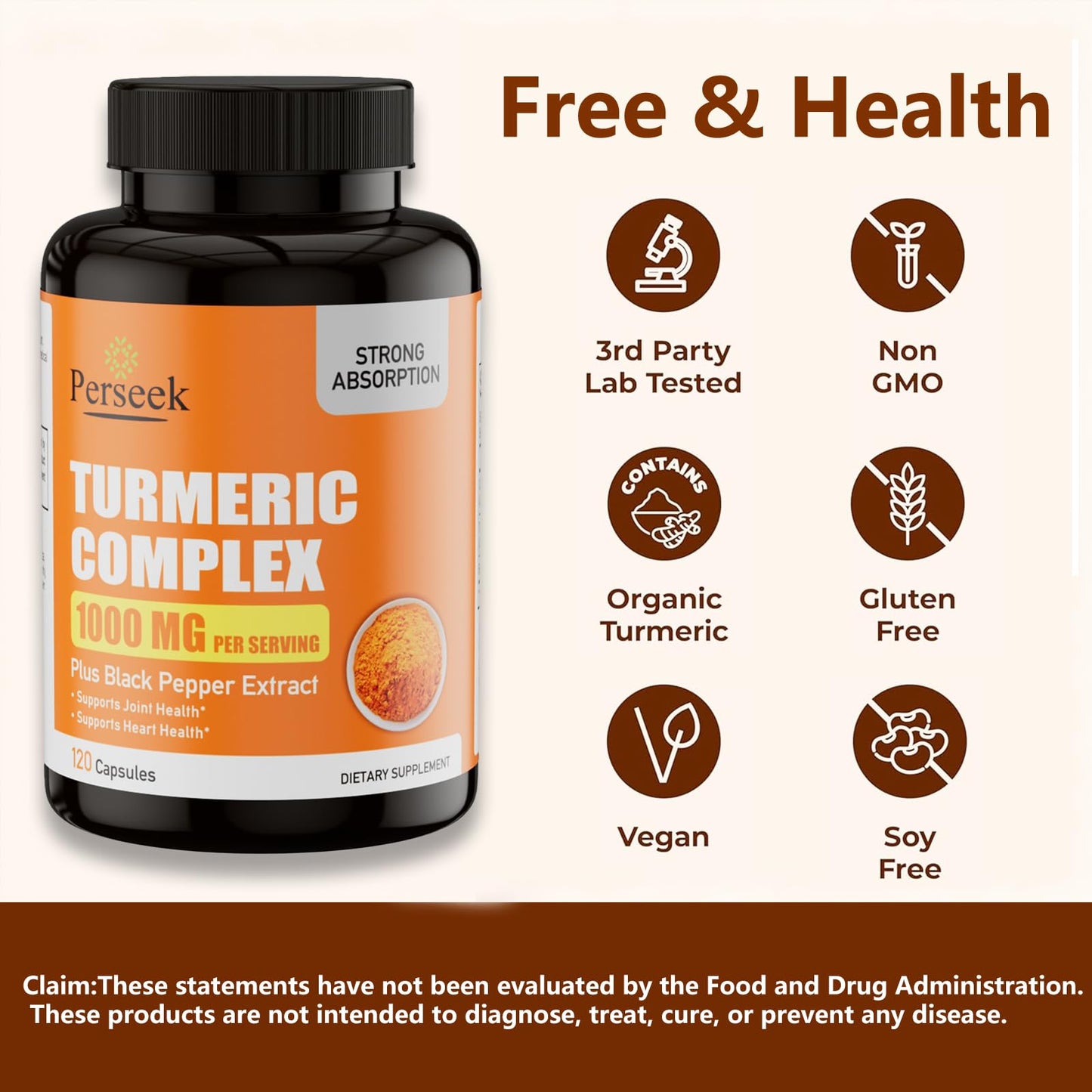 Perseek Turmeric Curcumin Supplement 1000mg, 120 Capsules