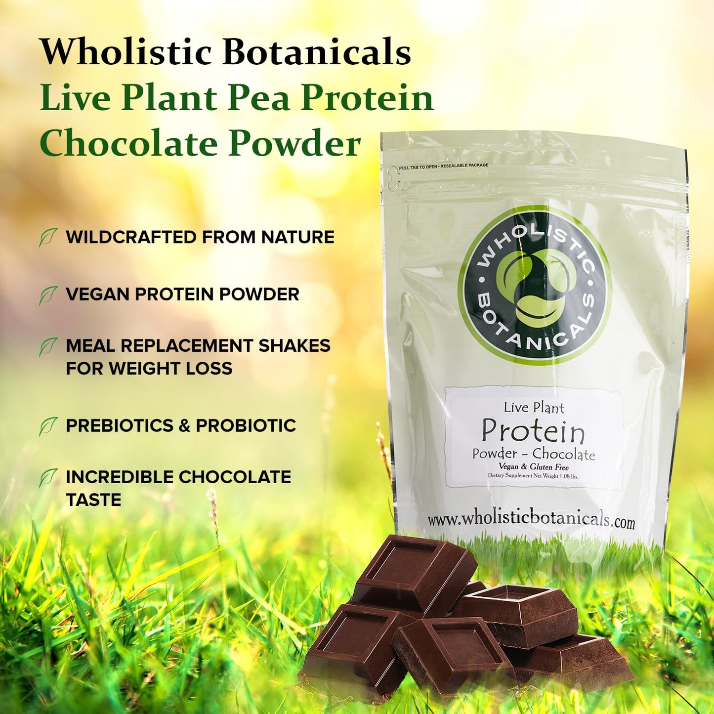 Wholistic Botanicals Live Plant Pea Protein Powder - Chocolate, 17.28 oz