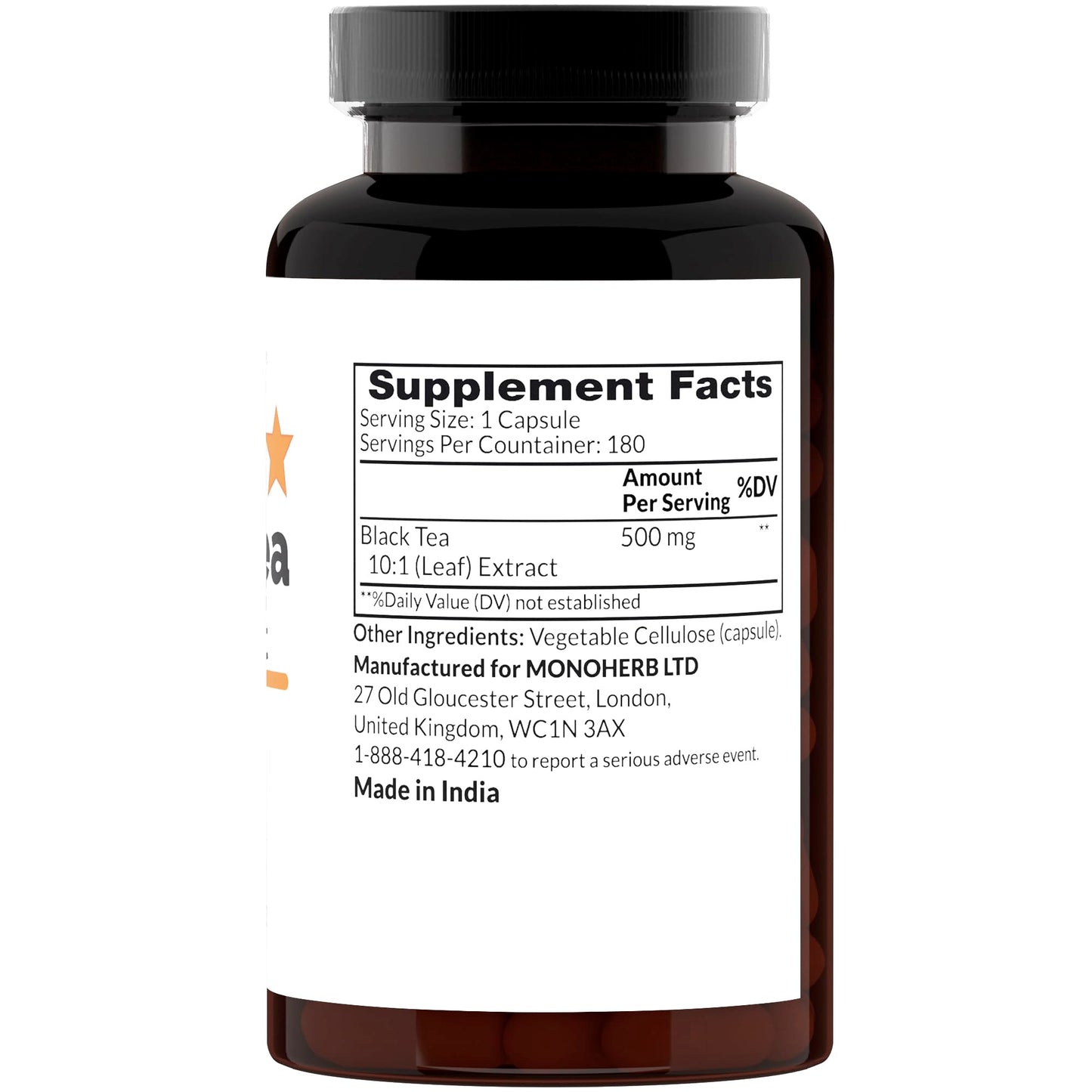 MONOHERB Black Tea 10:1 Extract 500 mg per Capsule, 180 Capsules