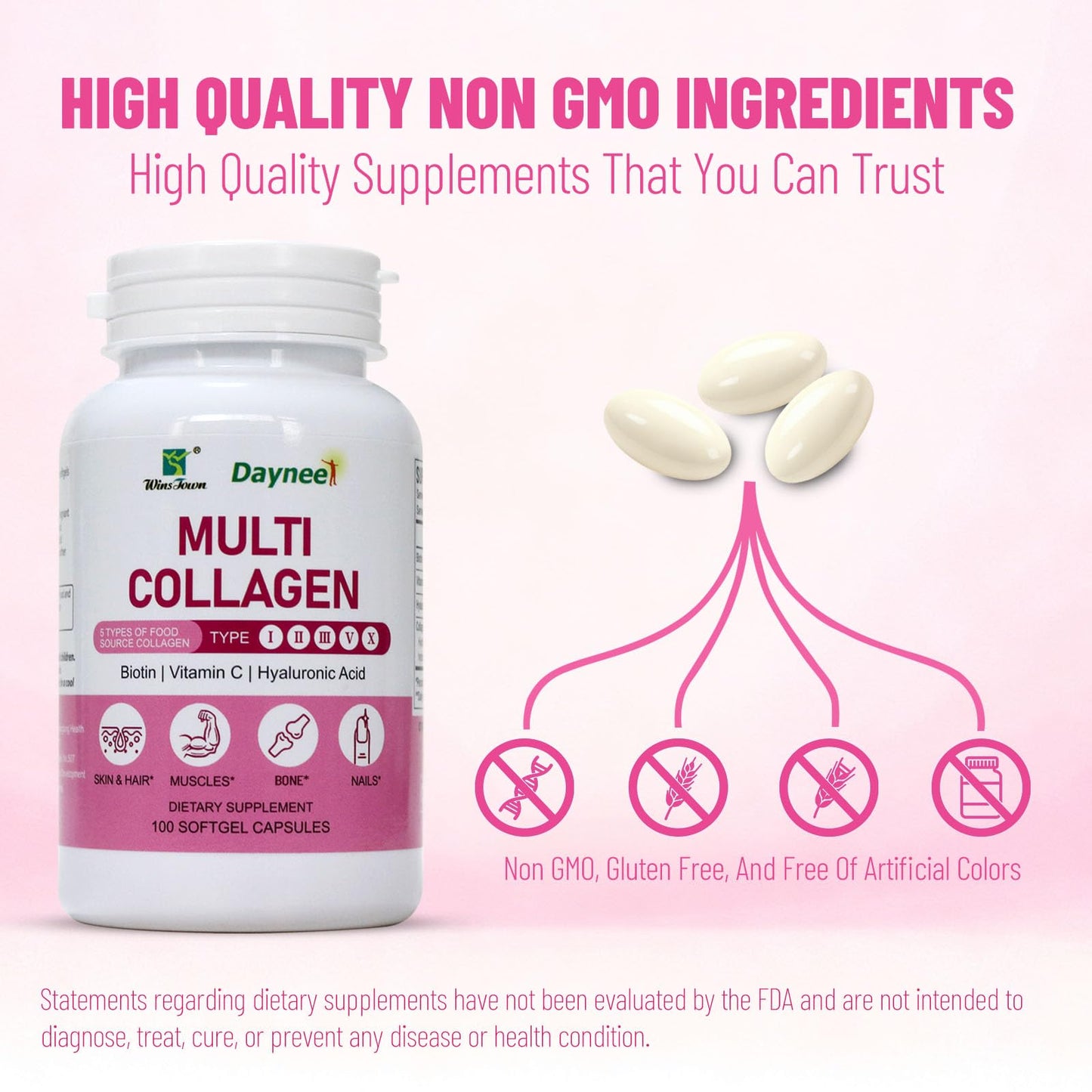 Wins Town Multi Collagen Peptides Softgels - Type I, II, III, V, X with Hyaluronic Acid, Vitamin C & Biotin, Supports Skin, Hair, Nails, Bones & Muscles, 100 Softgels