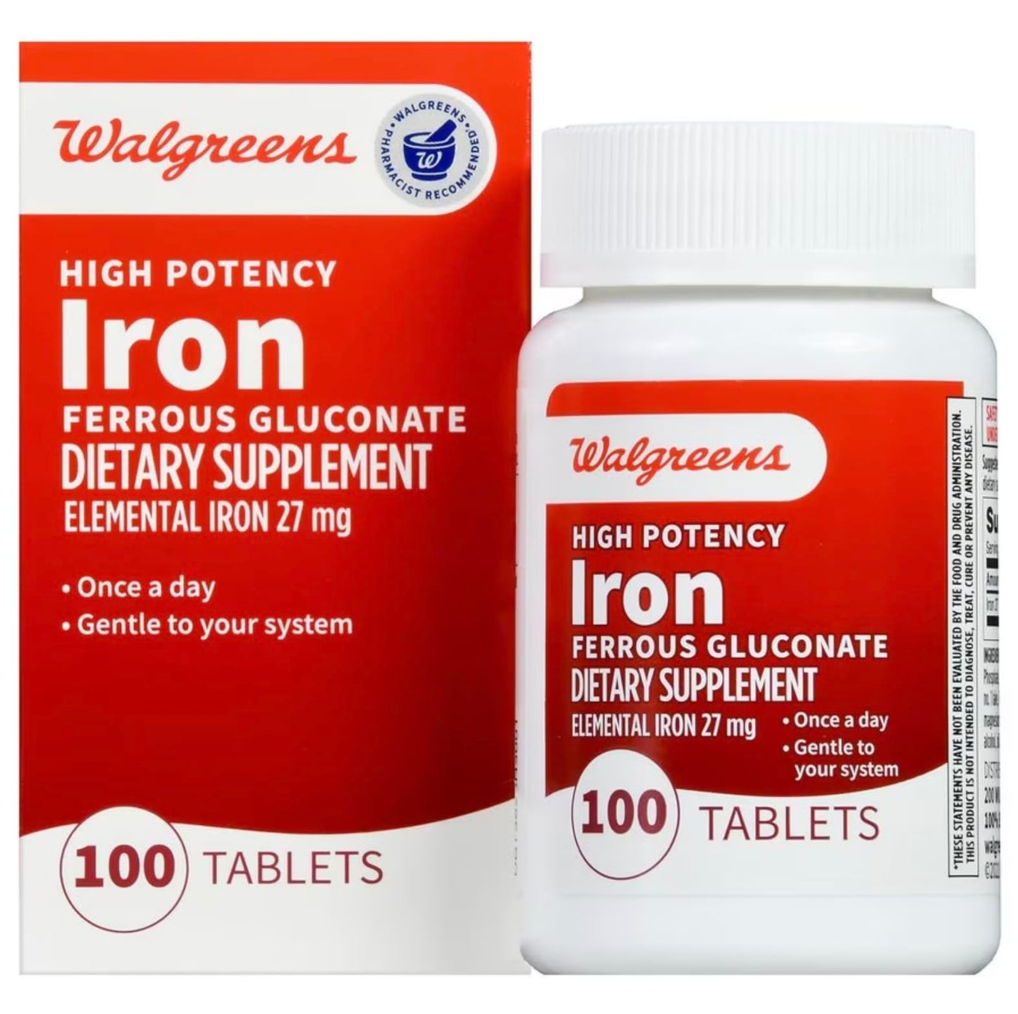 Walgreens High Potency Iron Ferrous Gluconate 27 mg Tablets, 100 Count